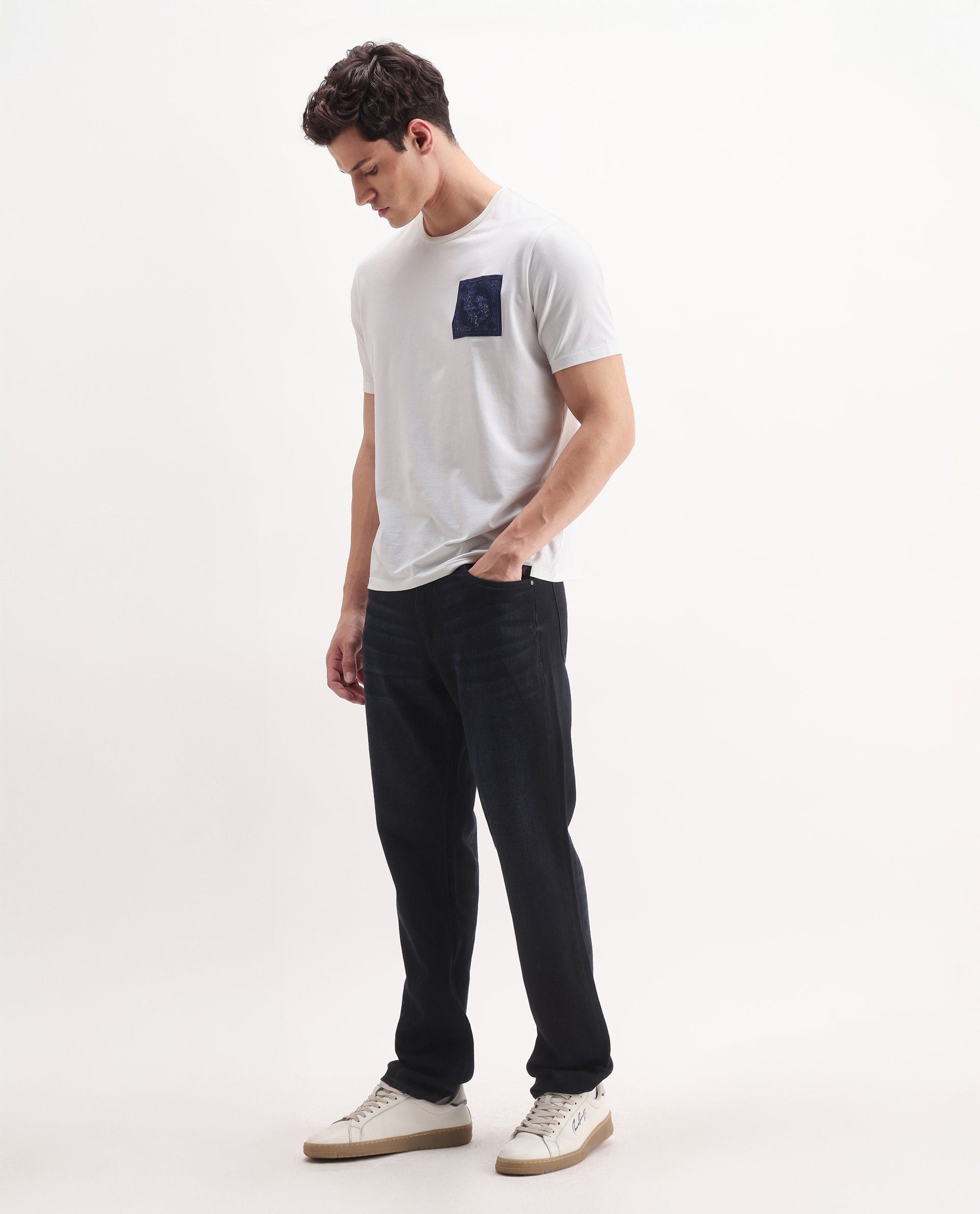 Rare Rabbit Men's Indy Dark Navy Cotton Blend Plain Morris Regular Fit Jeans
