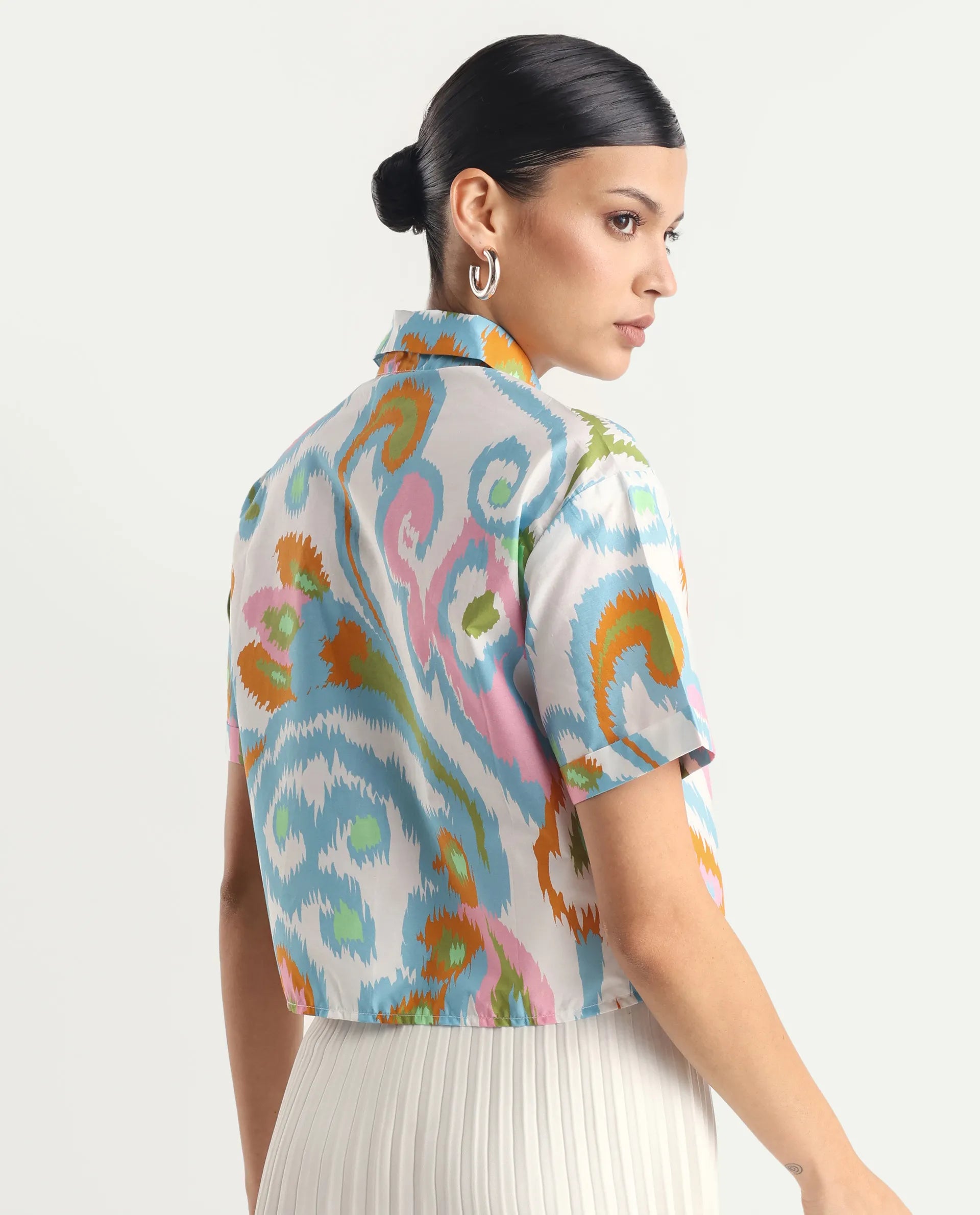 Rareism Women's Inkia Multi Poplin Drop Collar Abstract Print Crop Regular Fit Top