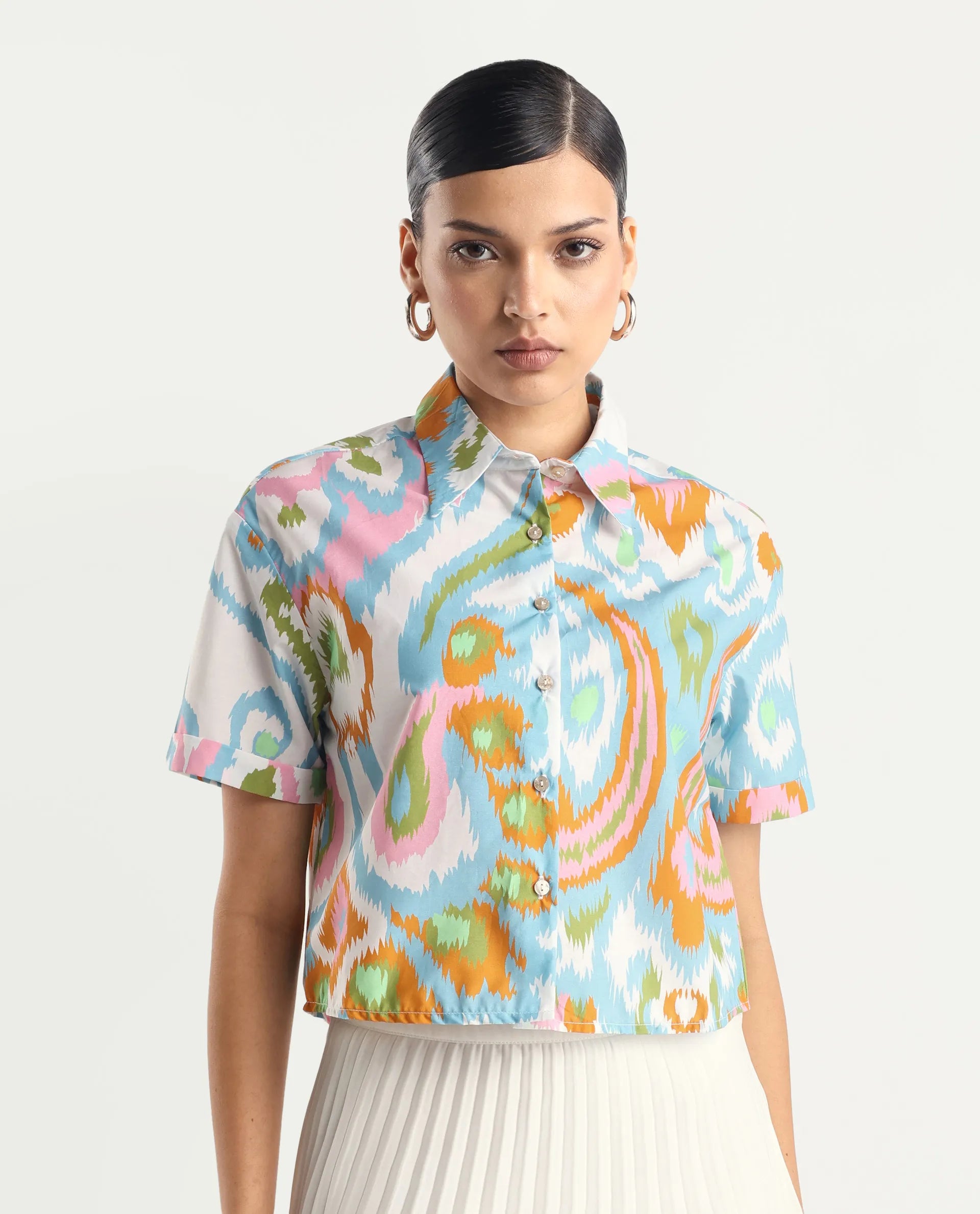 Rareism Women's Inkia Multi Poplin Drop Collar Abstract Print Crop Regular Fit Top