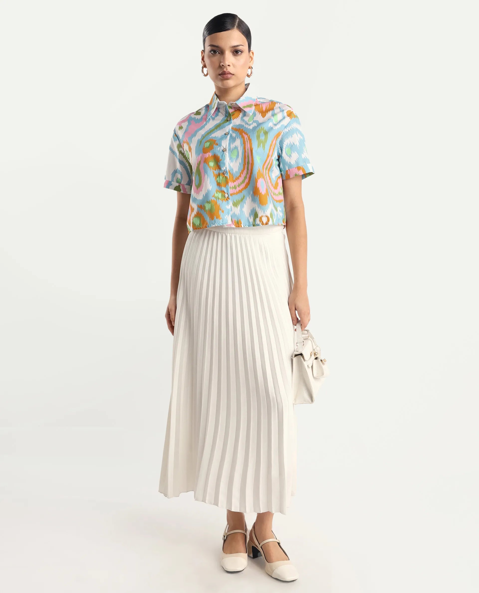 Rareism Women's Inkia Multi Poplin Drop Collar Abstract Print Crop Regular Fit Top