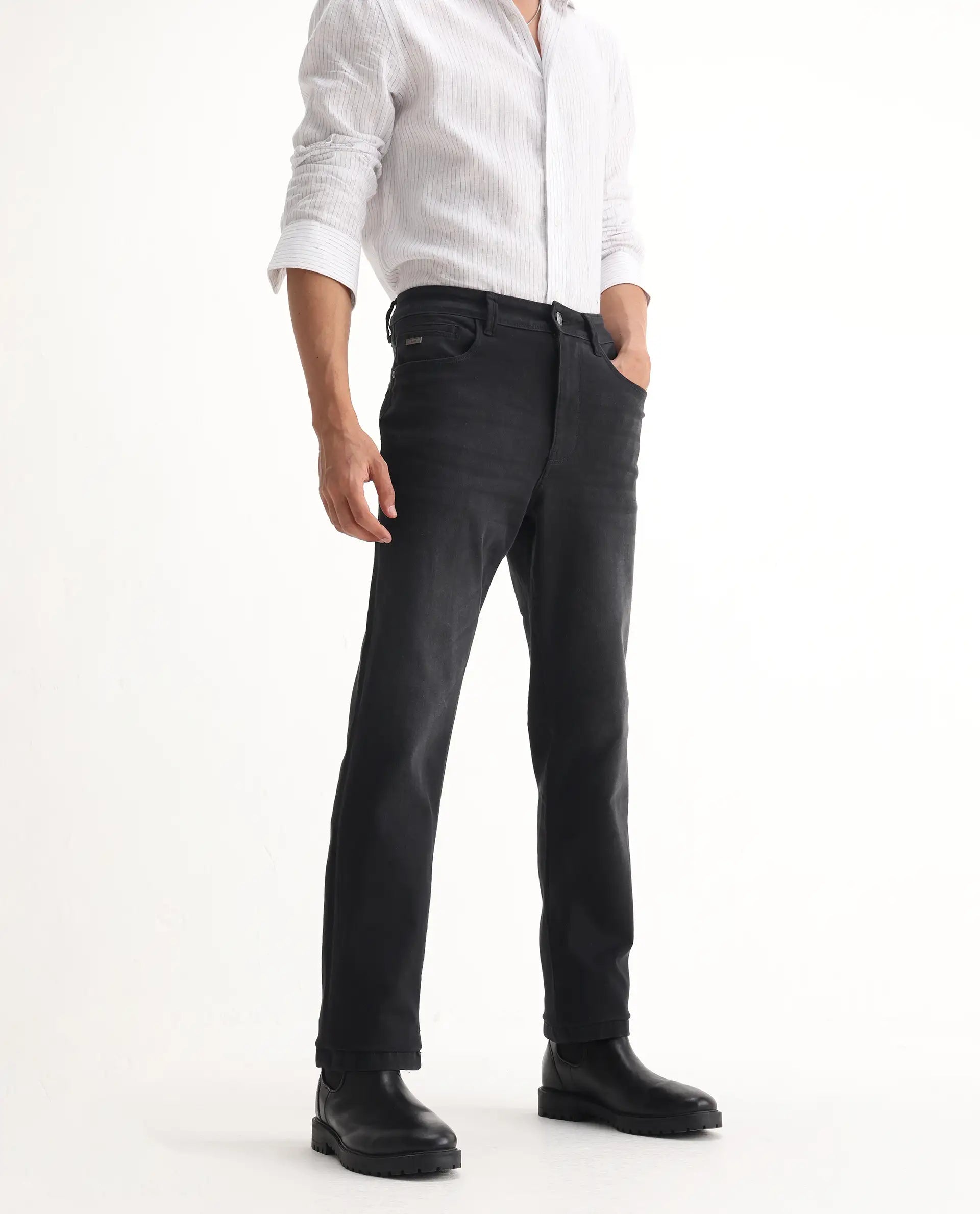 Rare Rabbit Men's Inky Black Cotton Blend Plain Morris Regular Fit Jeans