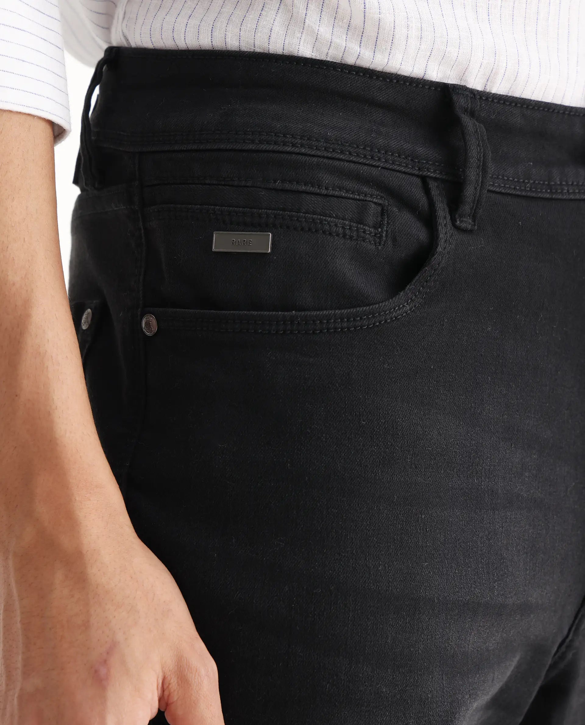 Rare Rabbit Men's Inky Black Cotton Blend Plain Morris Regular Fit Jeans