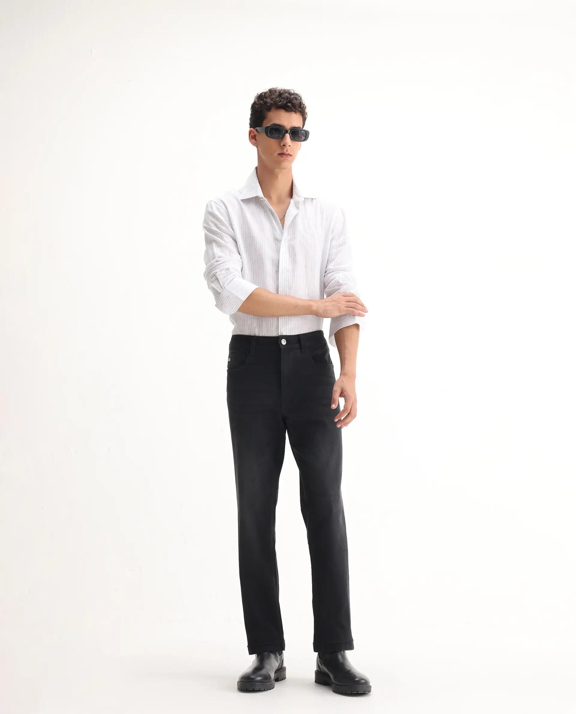 Rare Rabbit Men's Inky Black Cotton Blend Plain Morris Regular Fit Jeans