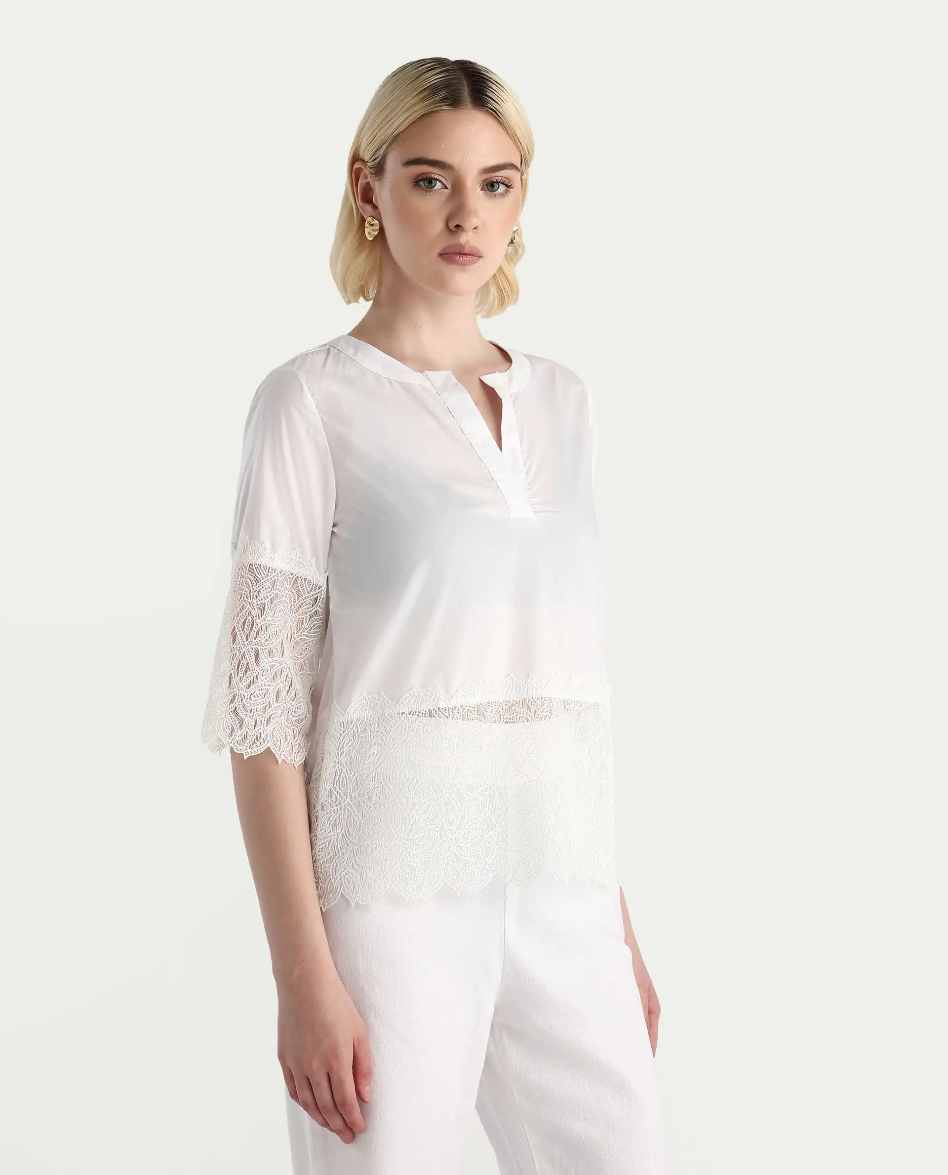 Rareism Women's Inna White Cotton Crew Neck Plain Regular Fit Top