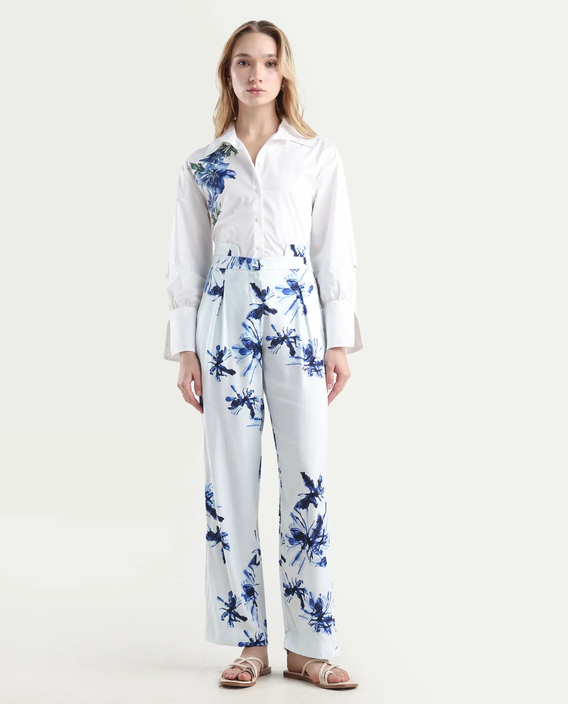 Rareism Women's Irish White Polyester Blend Floral Print Ankle Length Regular Fit Trouser