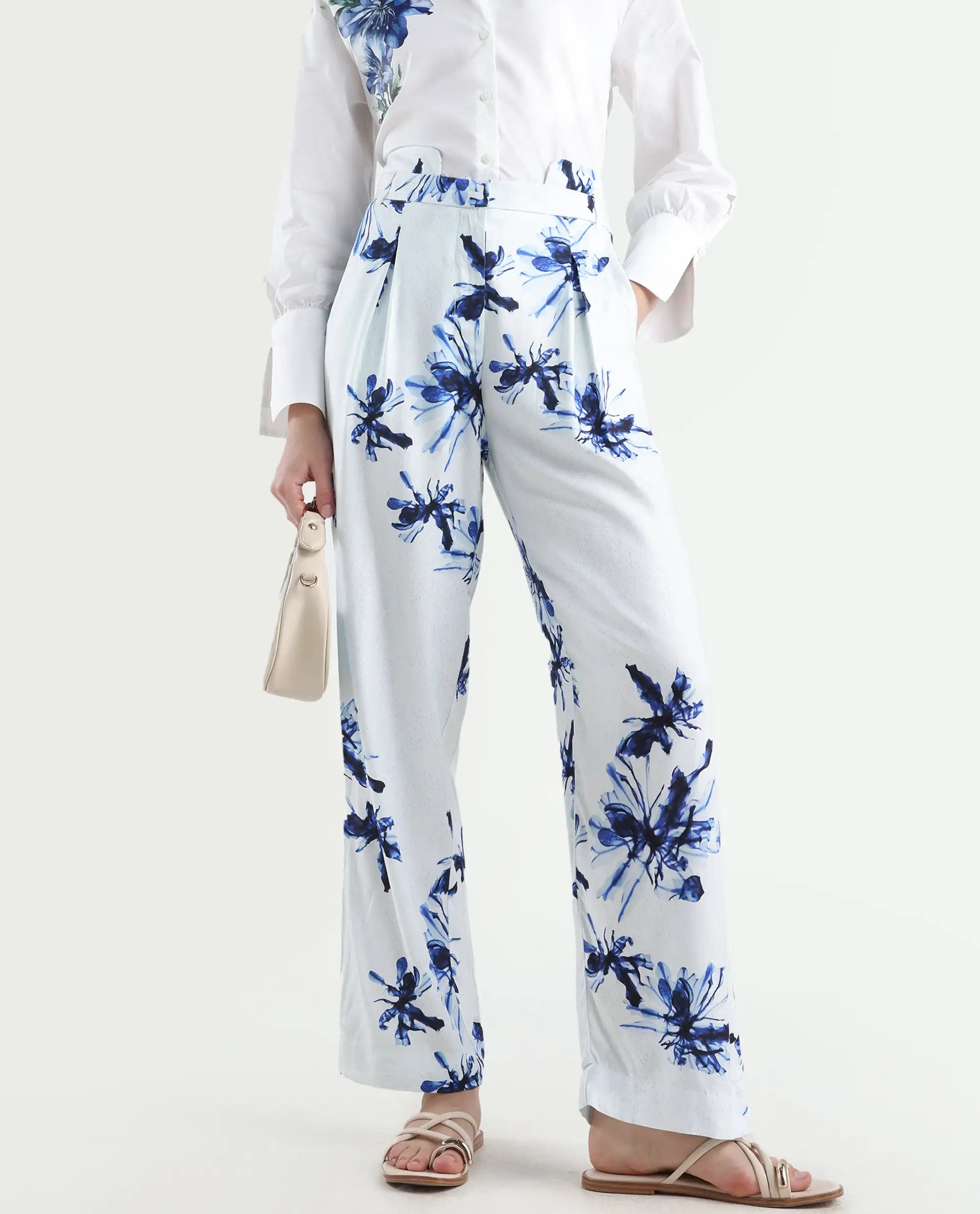 Rareism Women's Irish White Polyester Blend Floral Print Ankle Length Regular Fit Trouser