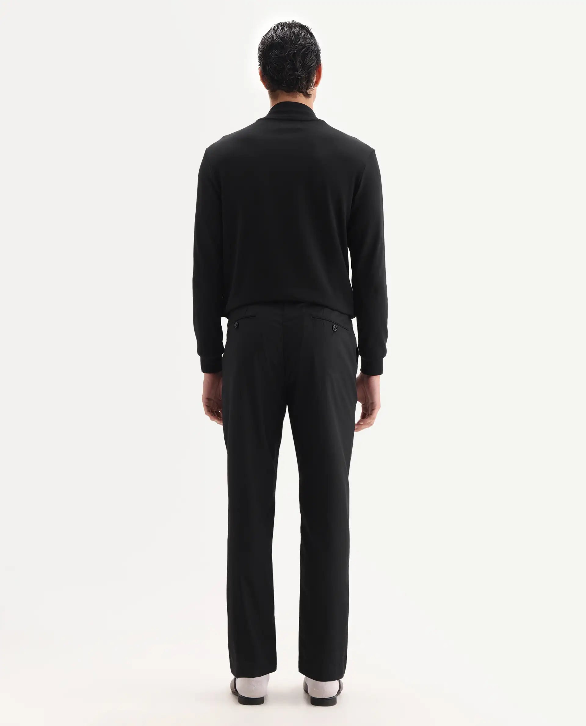 Rare Rabbit Men's Ital Black Cotton Blend Plain Regular Fit Trouser