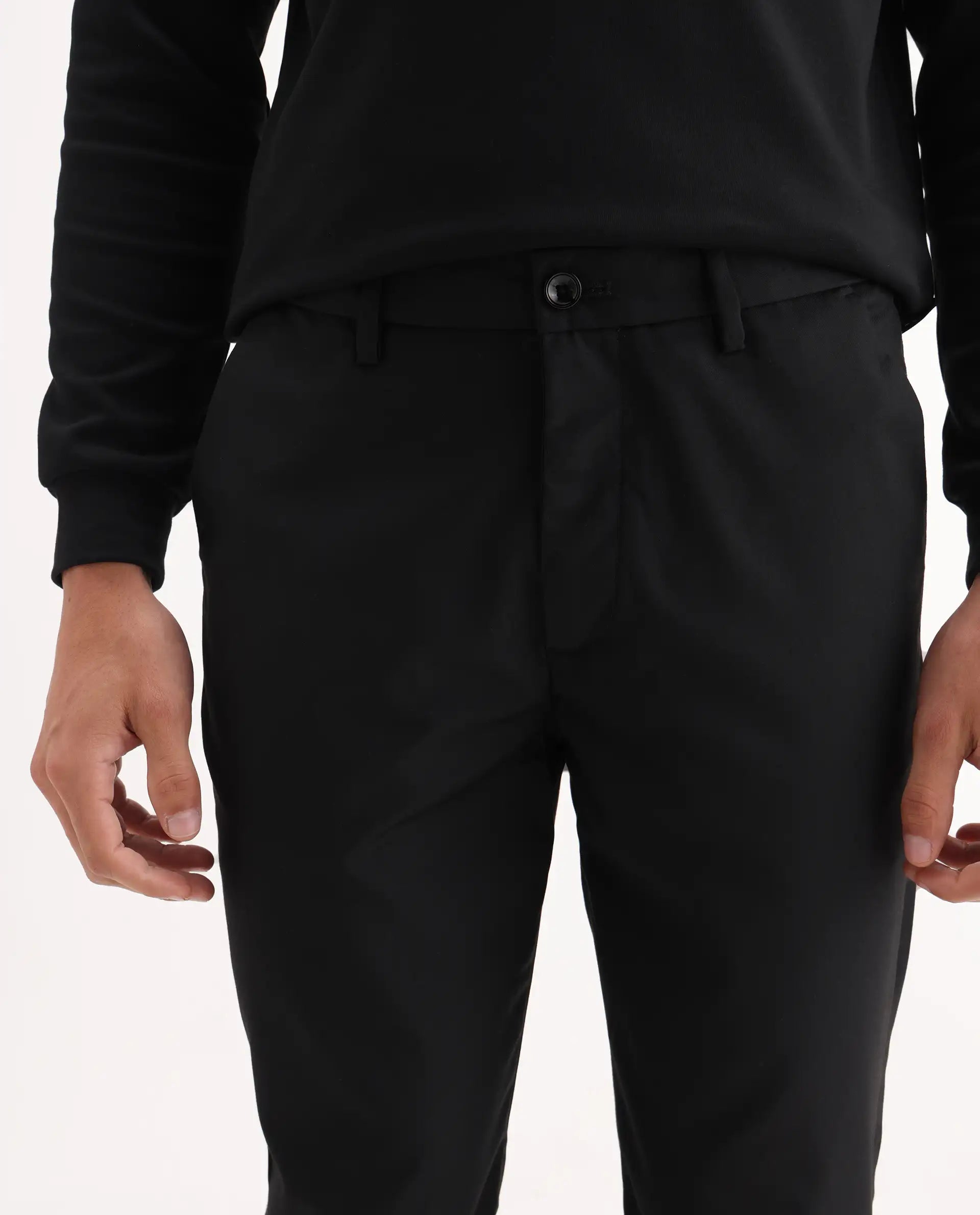 Rare Rabbit Men's Ital Black Cotton Blend Plain Regular Fit Trouser