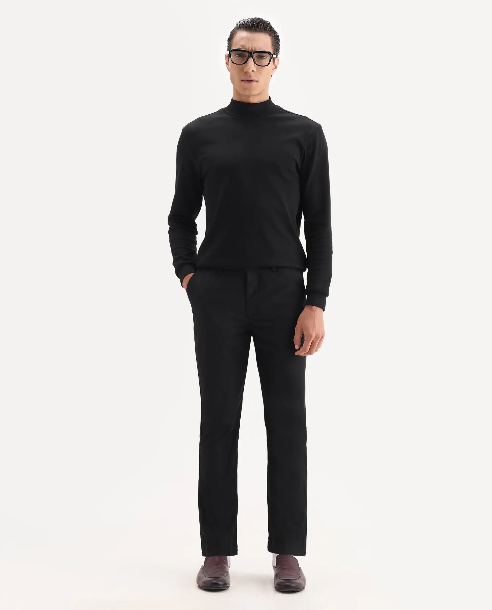 Rare Rabbit Men's Ital Black Cotton Blend Plain Regular Fit Trouser