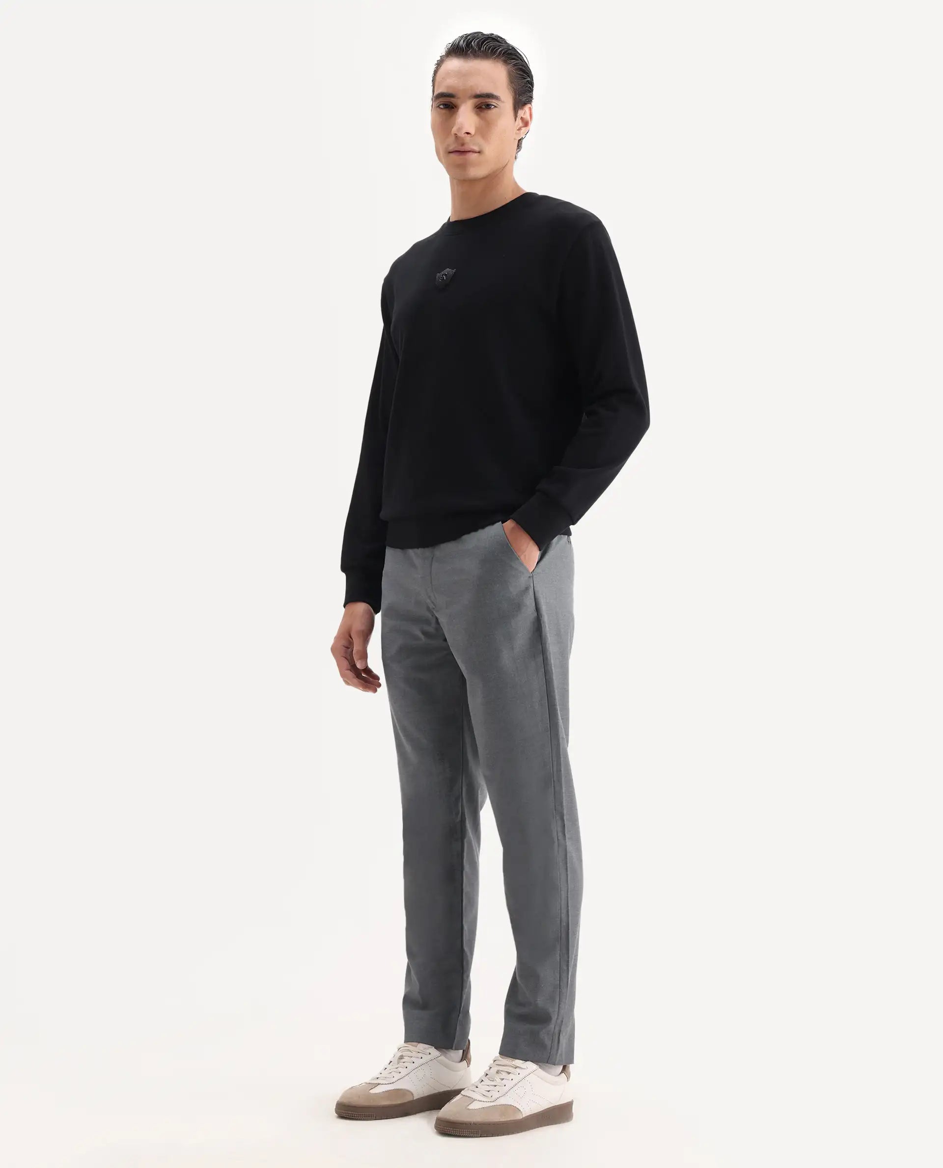 Rare Rabbit Men's Ital Grey Cotton Blend Plain Regular Fit Trouser