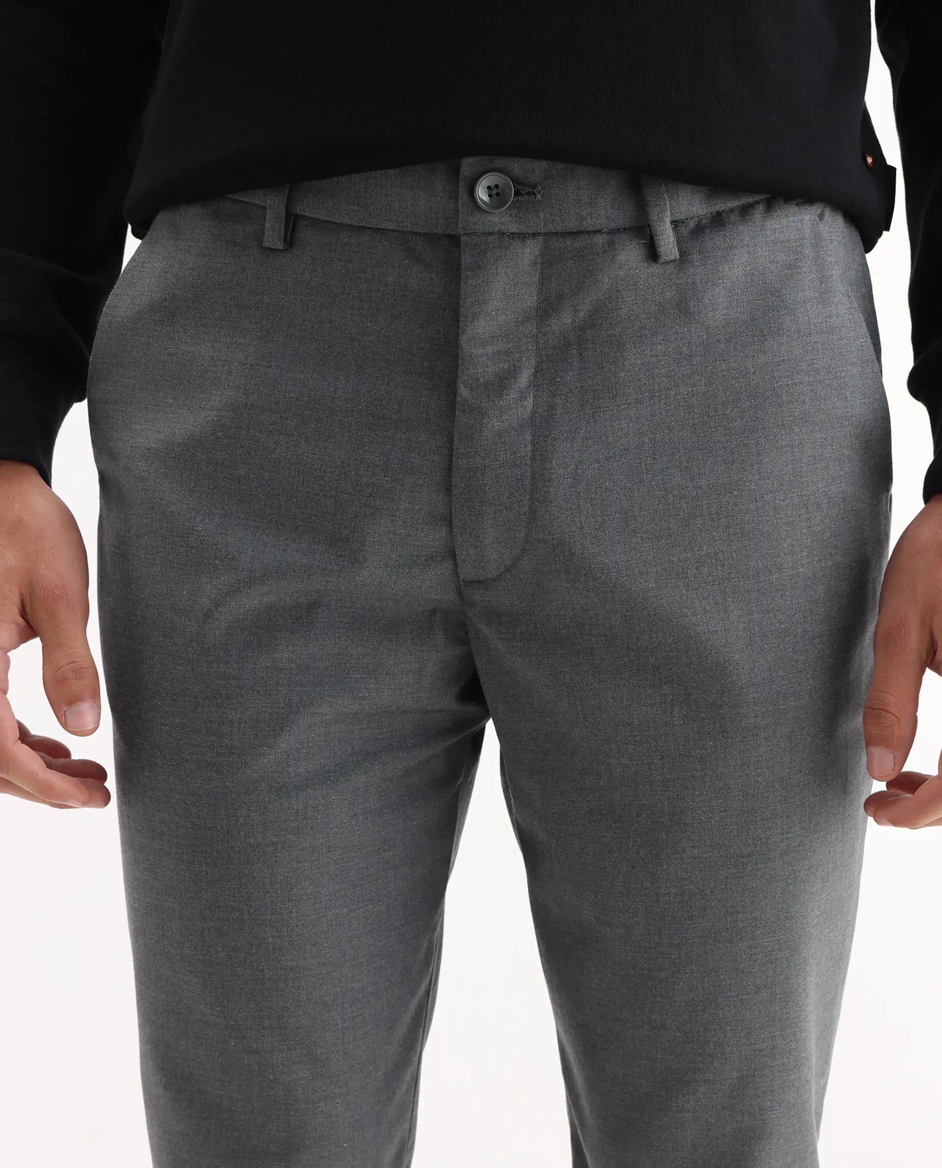 Rare Rabbit Men's Ital Grey Cotton Blend Plain Regular Fit Trouser