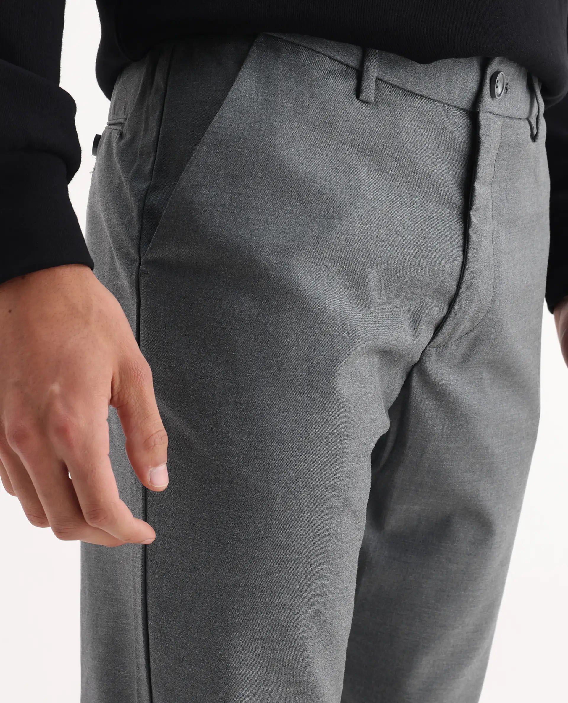 Rare Rabbit Men's Ital Grey Cotton Blend Plain Regular Fit Trouser