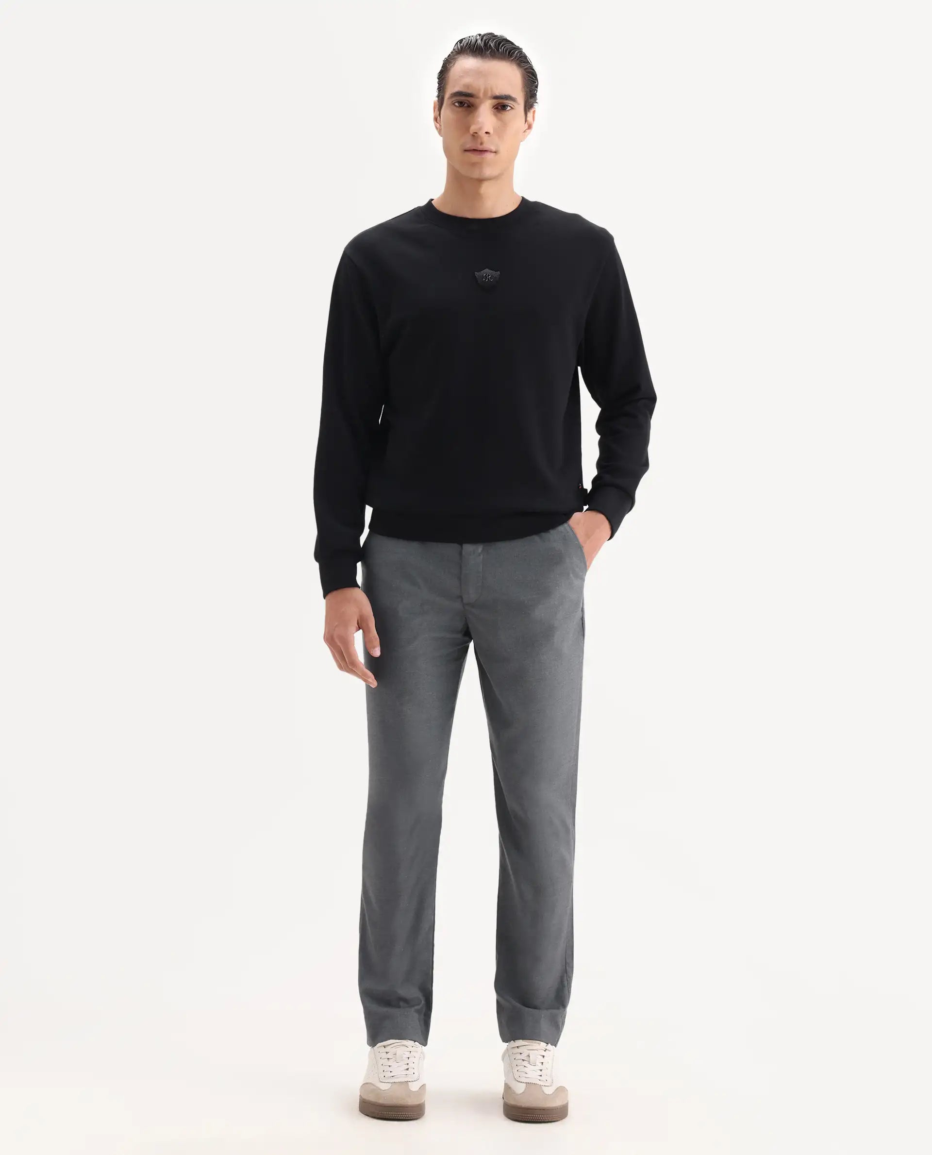 Rare Rabbit Men's Ital Grey Cotton Blend Plain Regular Fit Trouser