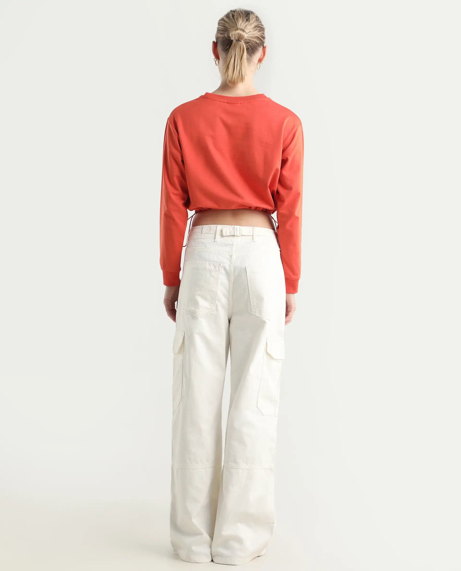 Rareism Women's Itsiz Off White Cotton Plain Ankle Length Wide Leg Trouser