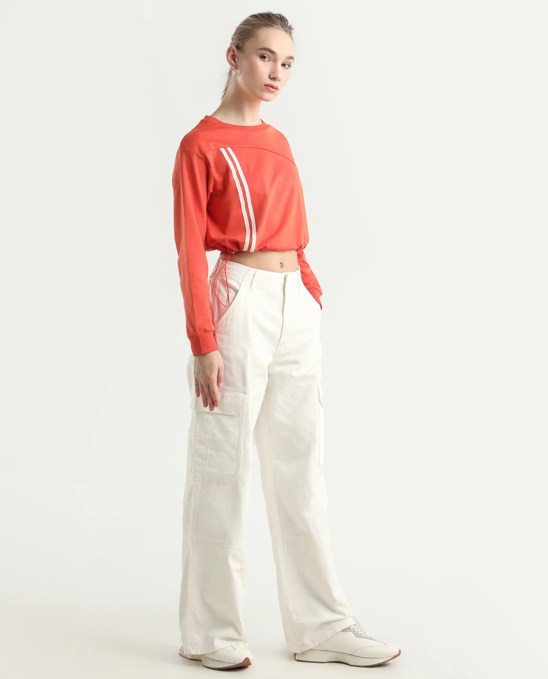 Rareism Women's Itsiz Off White Cotton Plain Ankle Length Wide Leg Trouser