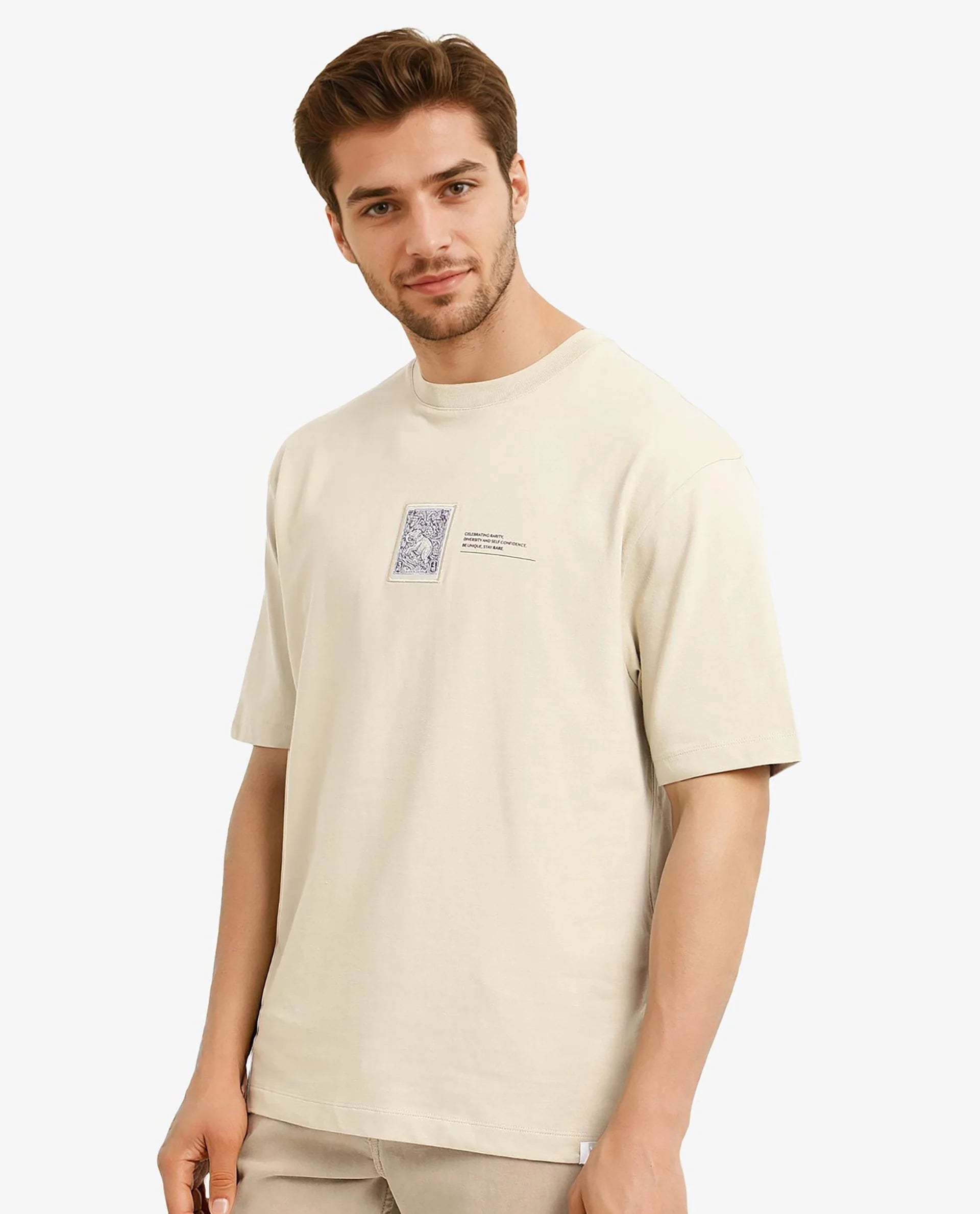 Rare Rabbit Men Iylo Beige Cotton Fabric Short Sleeve Crew Neck Oversized Fit Graphic Print T-Shirt
