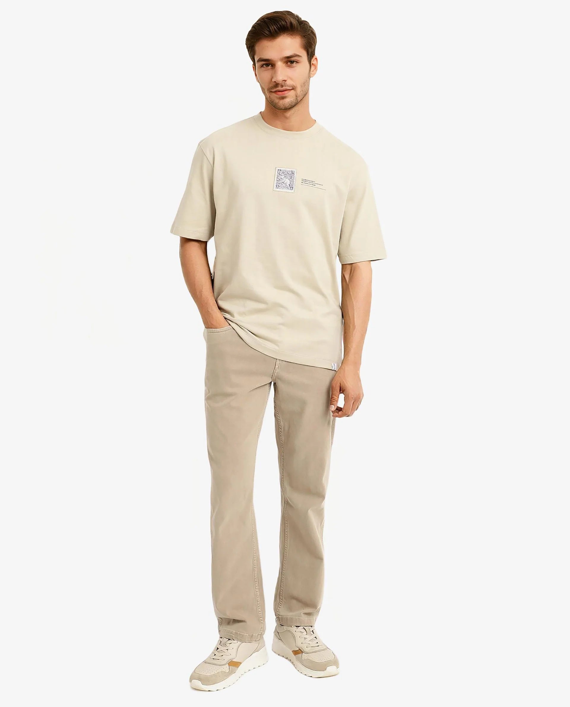 Rare Rabbit Men Iylo Beige Cotton Fabric Short Sleeve Crew Neck Oversized Fit Graphic Print T-Shirt