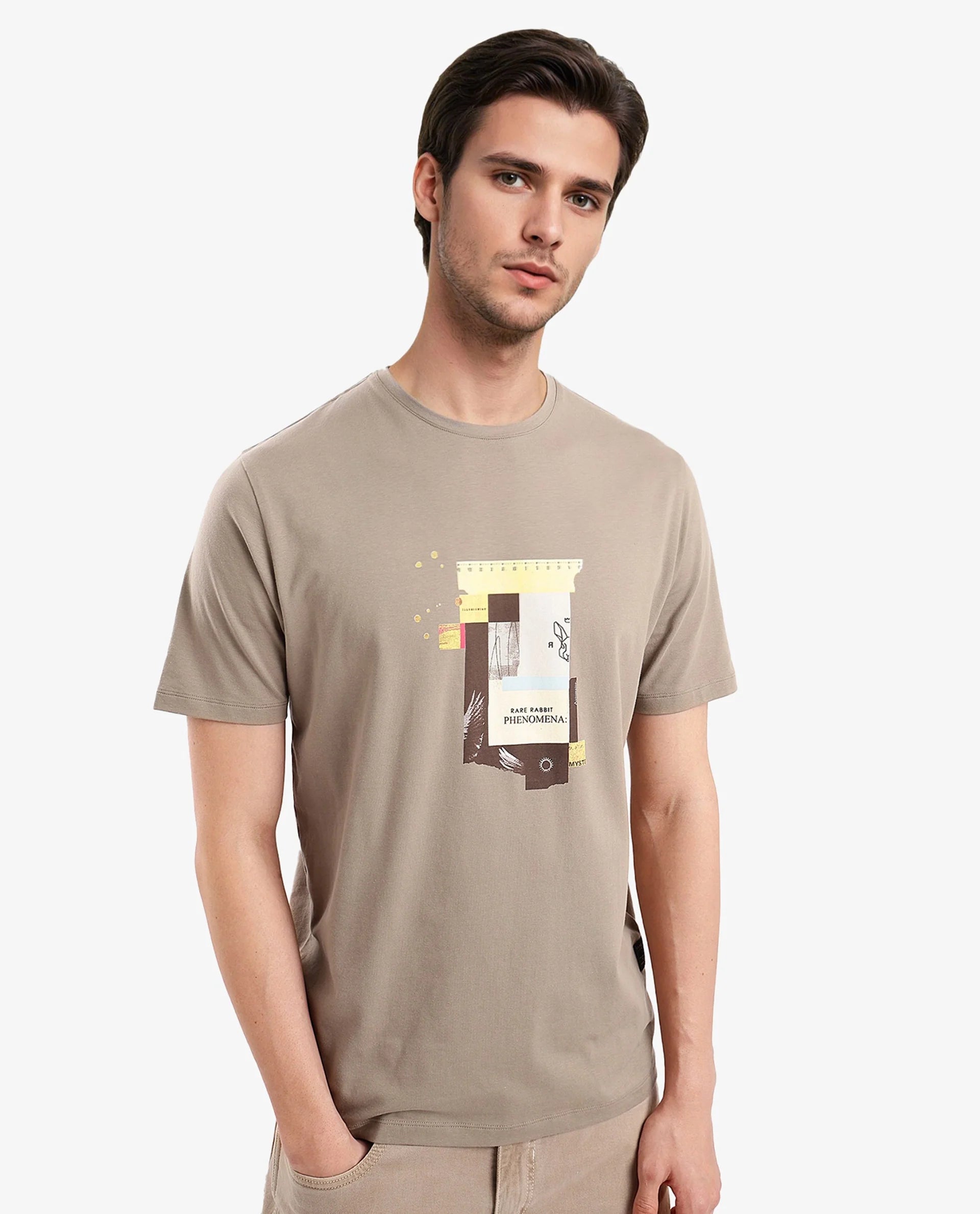 Rare Rabbit Men Jaceb Dusky Green Cotton Lycra Fabric Short Sleeve Crew Neck Regular Fit Graphic Print T-Shirt