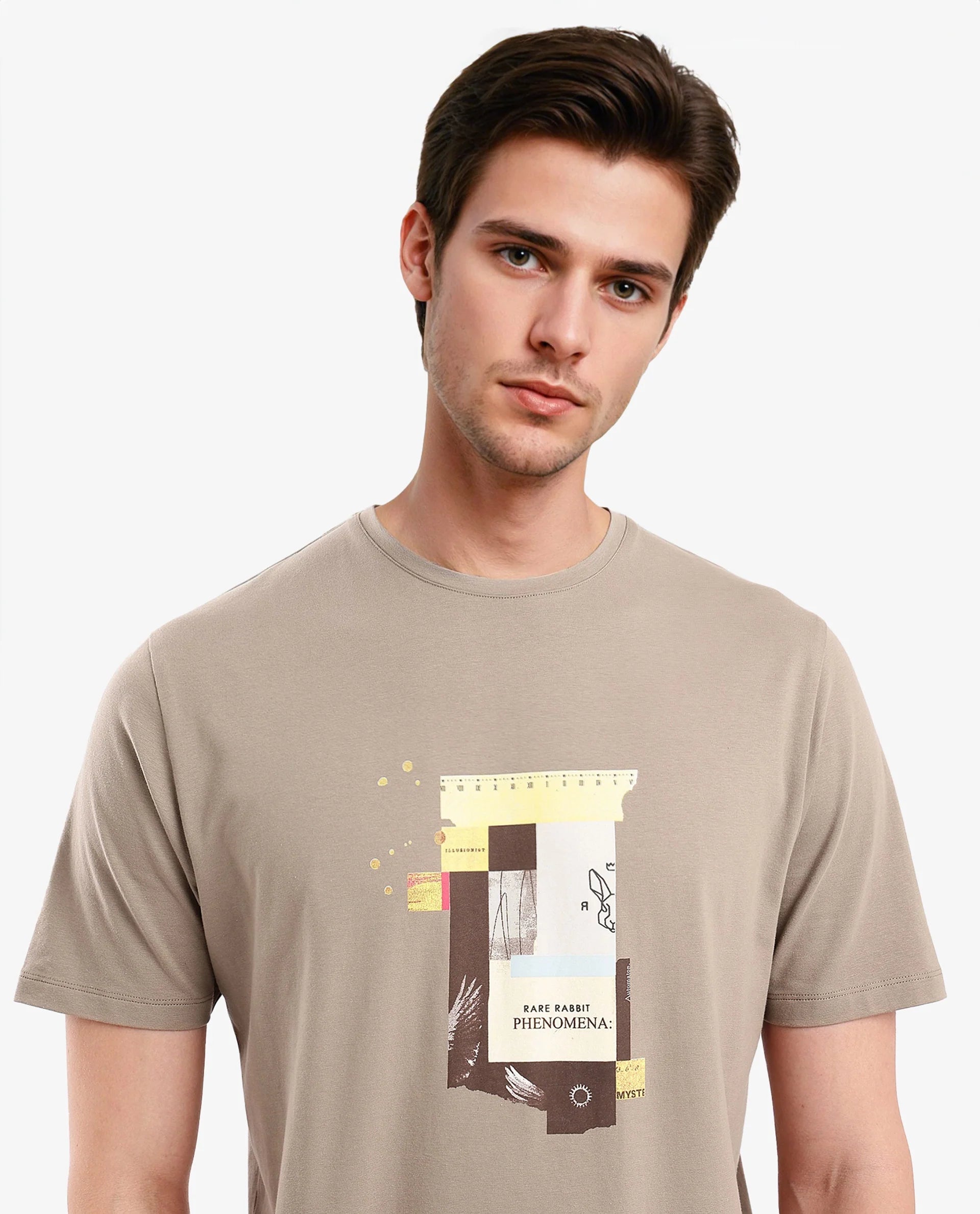 Rare Rabbit Men Jaceb Dusky Green Cotton Lycra Fabric Short Sleeve Crew Neck Regular Fit Graphic Print T-Shirt