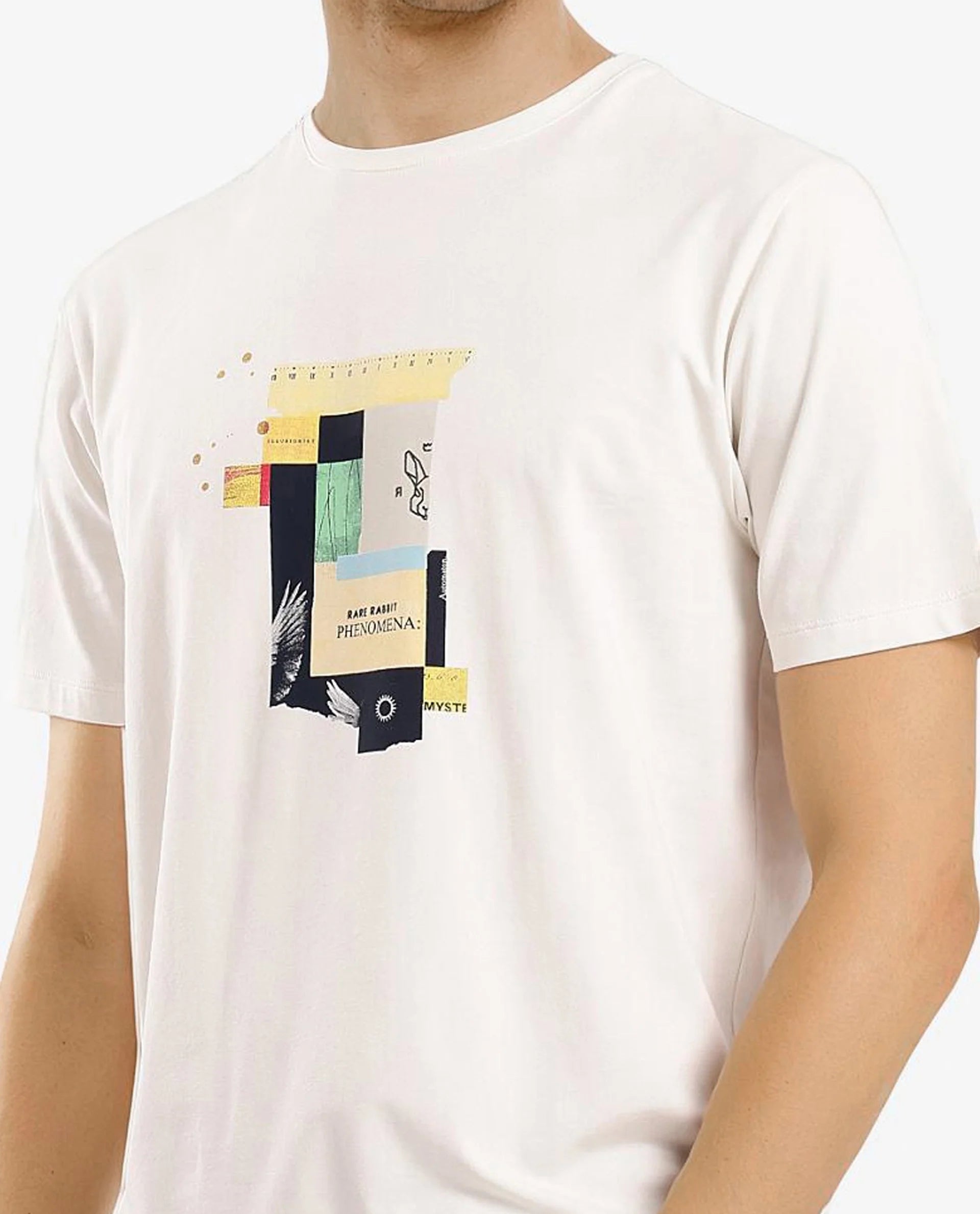 Rare Rabbit Men Jaceb Off White Cotton Lycra Fabric Short Sleeve Crew Neck Regular Fit Graphic Print T-Shirt