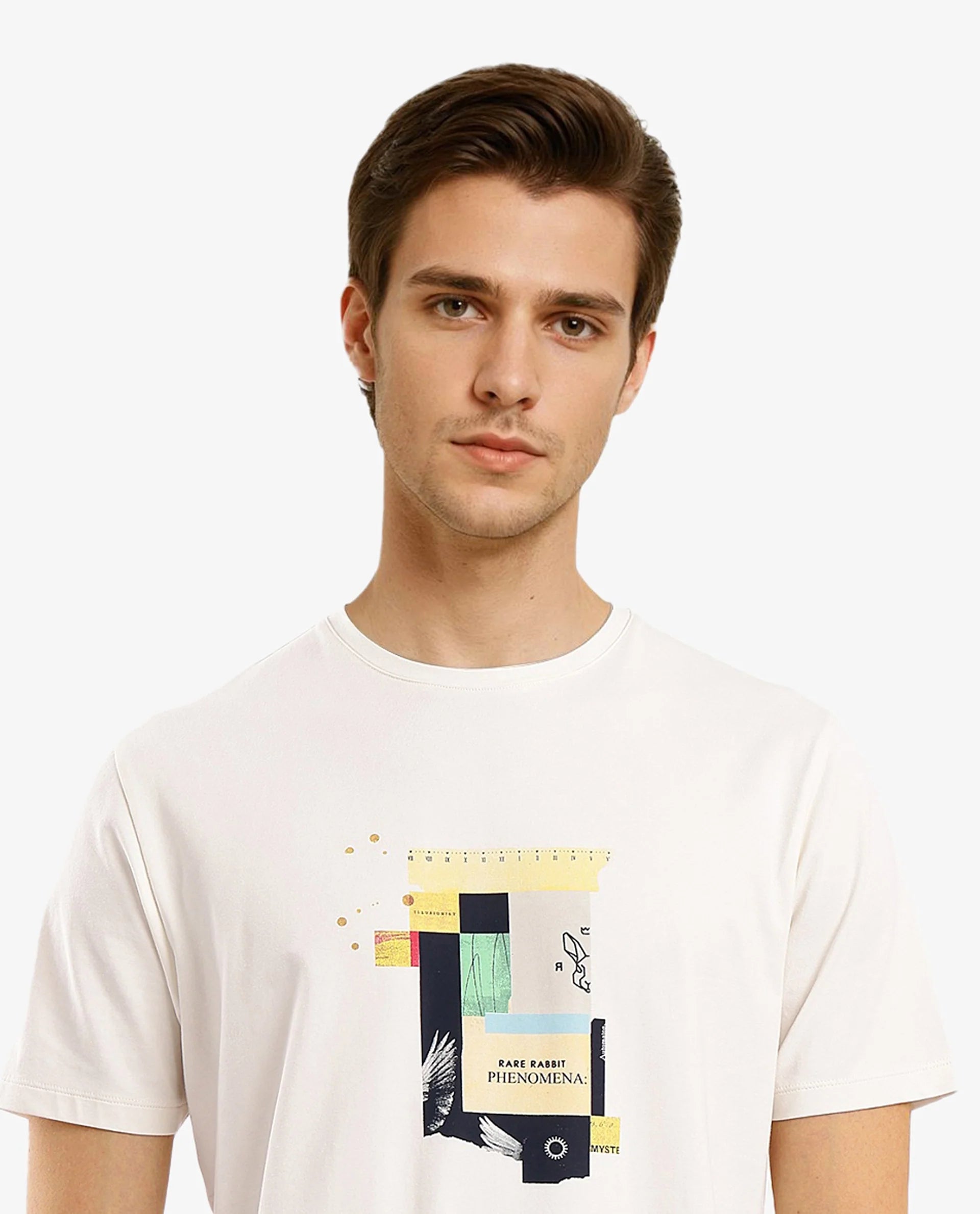 Rare Rabbit Men Jaceb Off White Cotton Lycra Fabric Short Sleeve Crew Neck Regular Fit Graphic Print T-Shirt