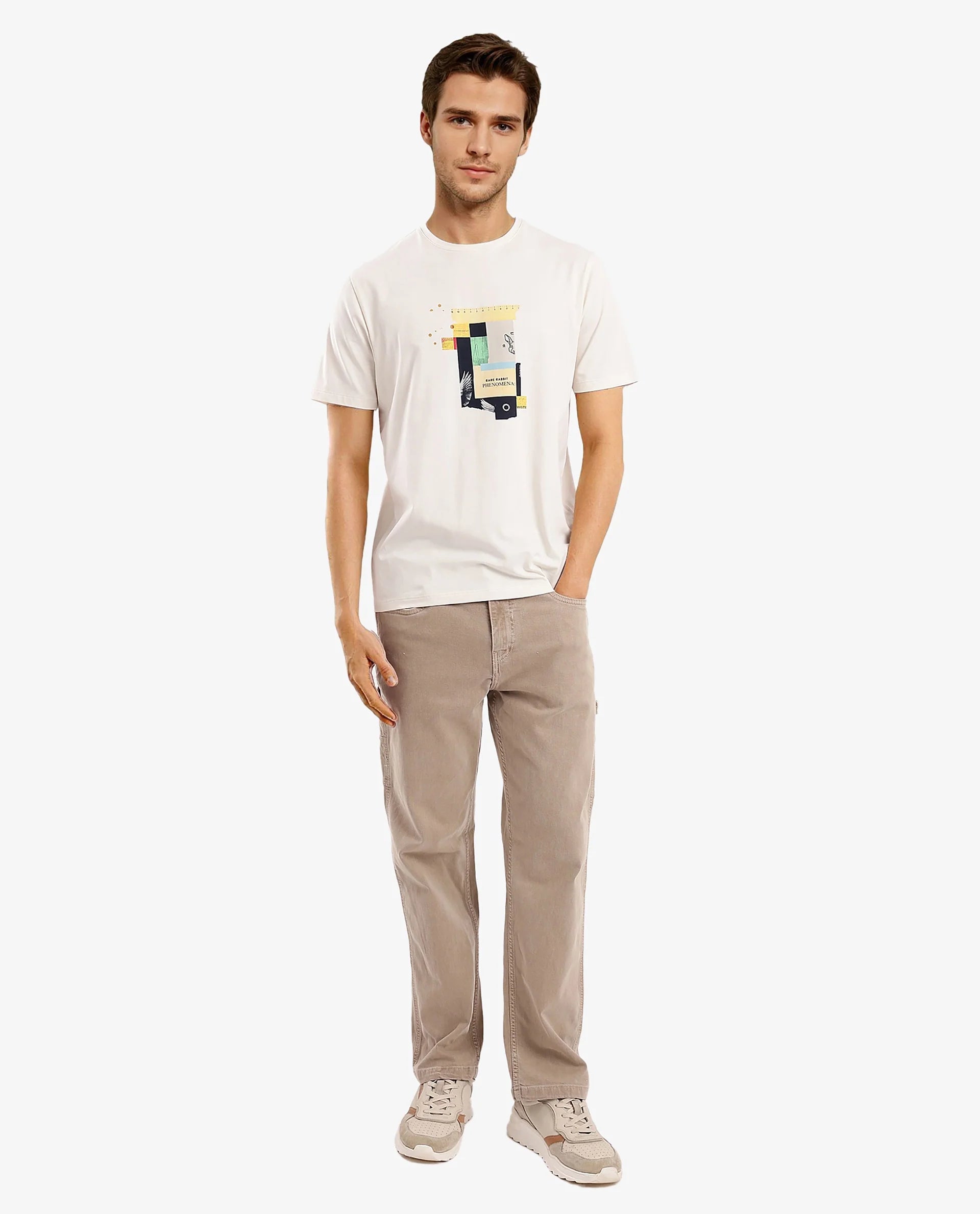 Rare Rabbit Men Jaceb Off White Cotton Lycra Fabric Short Sleeve Crew Neck Regular Fit Graphic Print T-Shirt