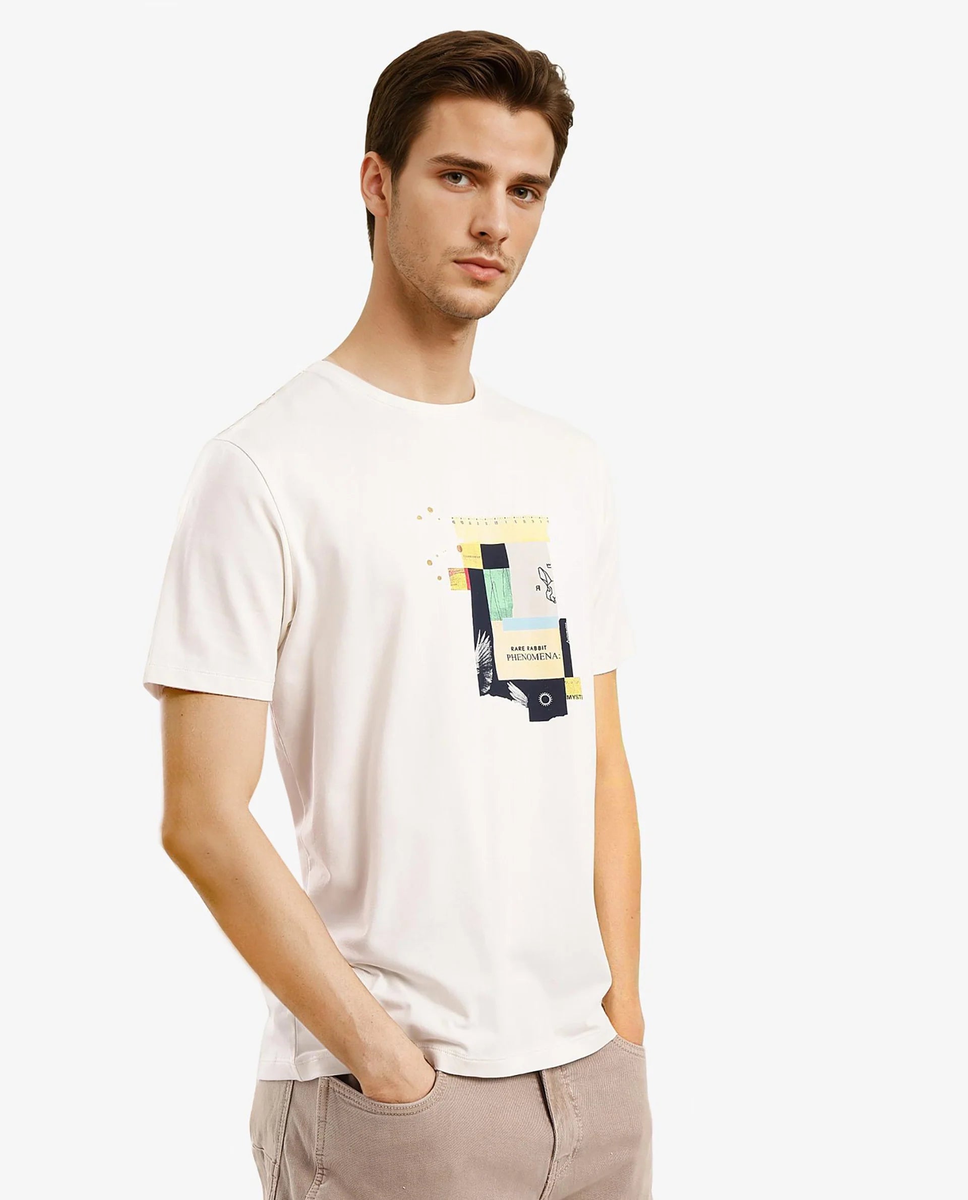 Rare Rabbit Men Jaceb Off White Cotton Lycra Fabric Short Sleeve Crew Neck Regular Fit Graphic Print T-Shirt