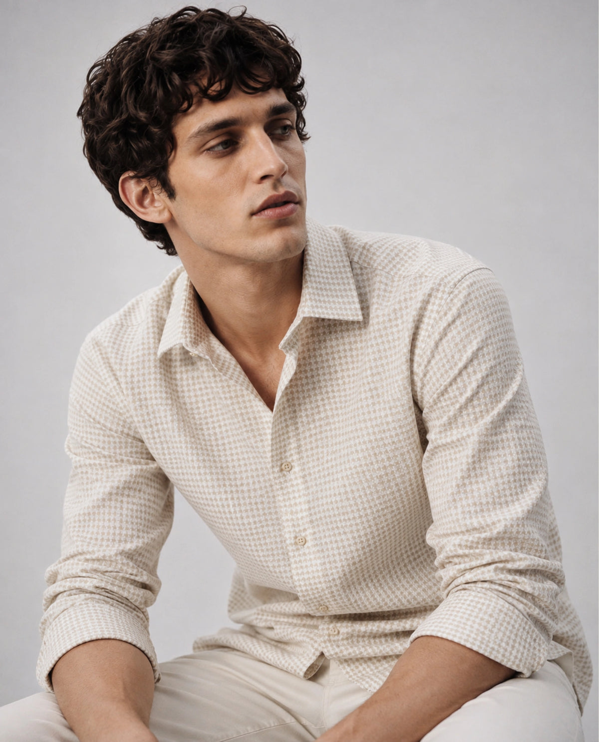 Rare Rabbit Men's Jader-Aw26 Primary Beige Cotton Spread Collar Regular Jacquard Print Shirt