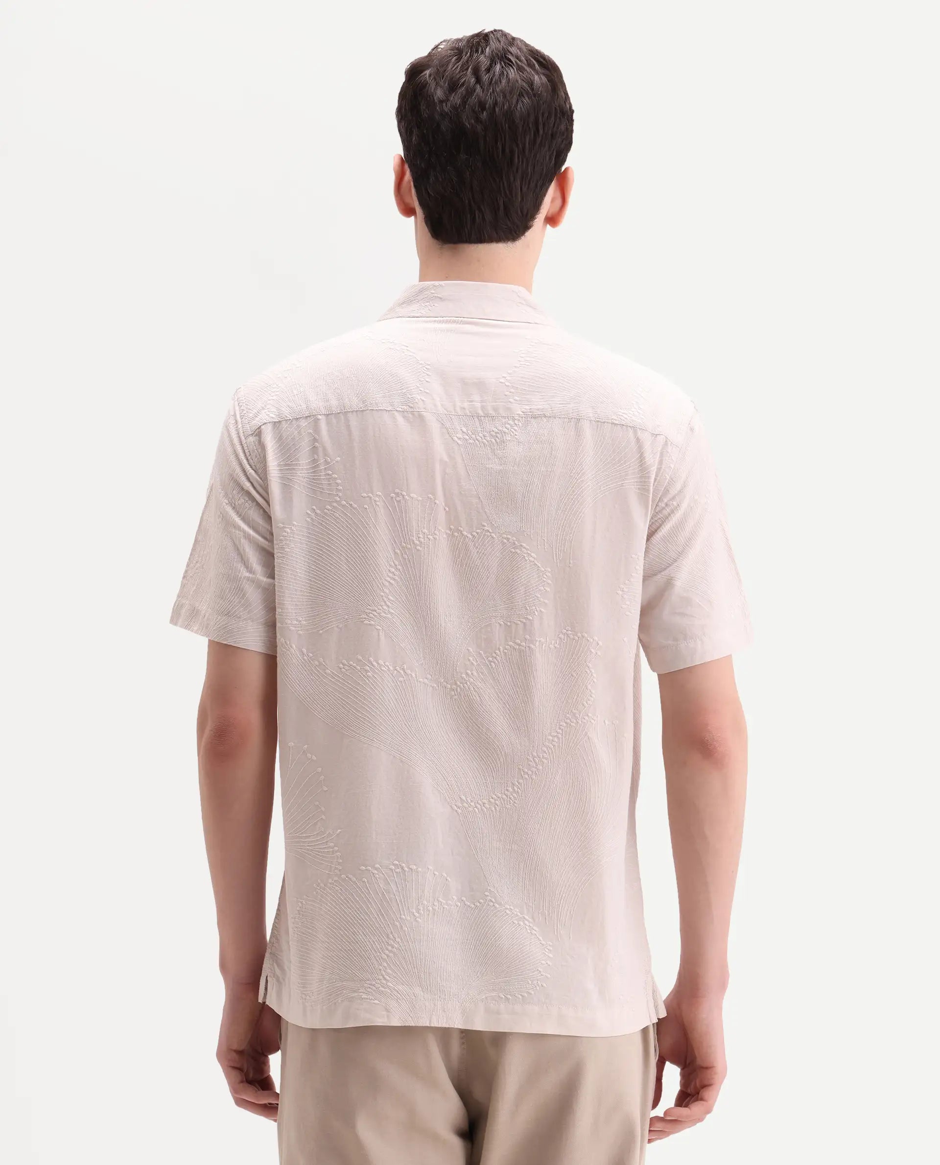 Rare Rabbit Men's Jaff-26 Beige Cotton Fabric Half Sleeve Cuban Collar Button Relaxed Fit Embroidered Shirt