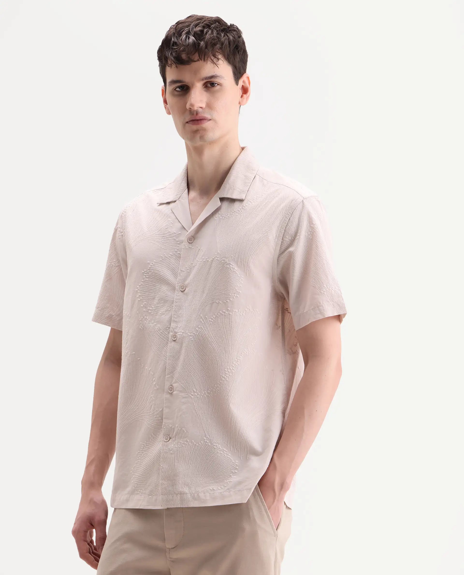 Rare Rabbit Men's Jaff-26 Beige Cotton Fabric Half Sleeve Cuban Collar Button Relaxed Fit Embroidered Shirt