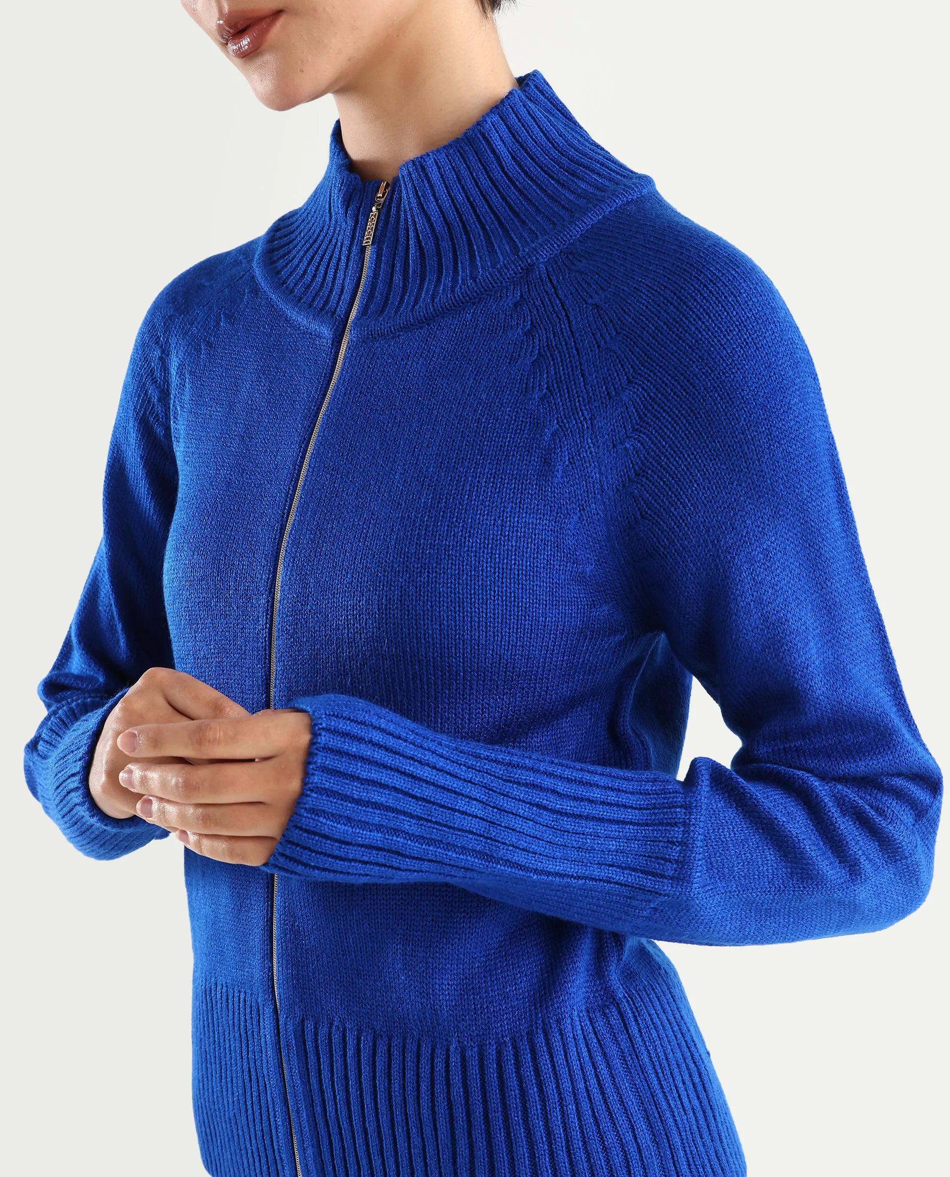 Rareism Women's Jagger Blue Acrylic High Neck Plain Raglan Sleeve Relaxed Fit Sweater