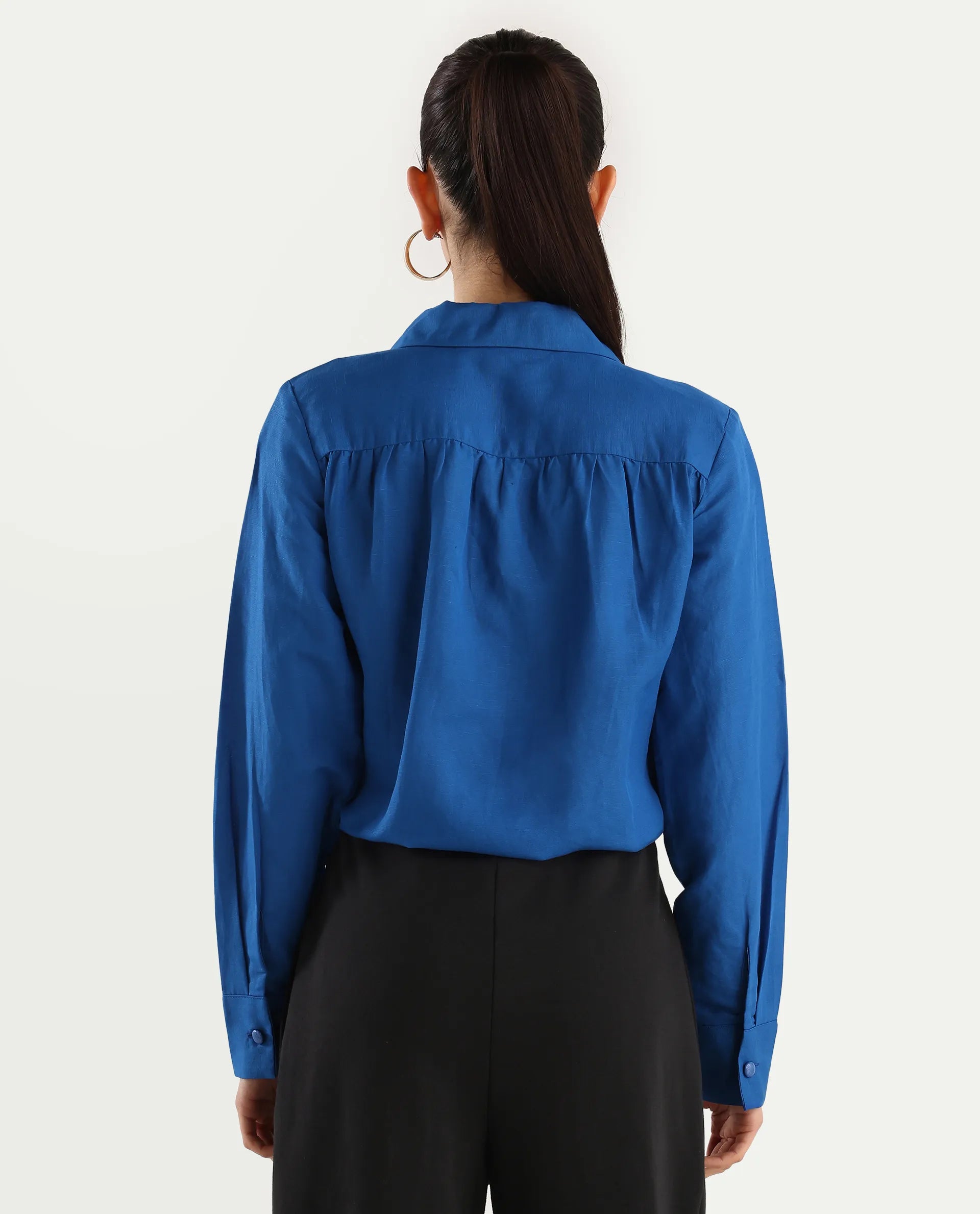 Rareism Women's Janima Blue Modal Blend Spread Collar Plain Cuffed Sleeve Crop Regular Fit Shirt