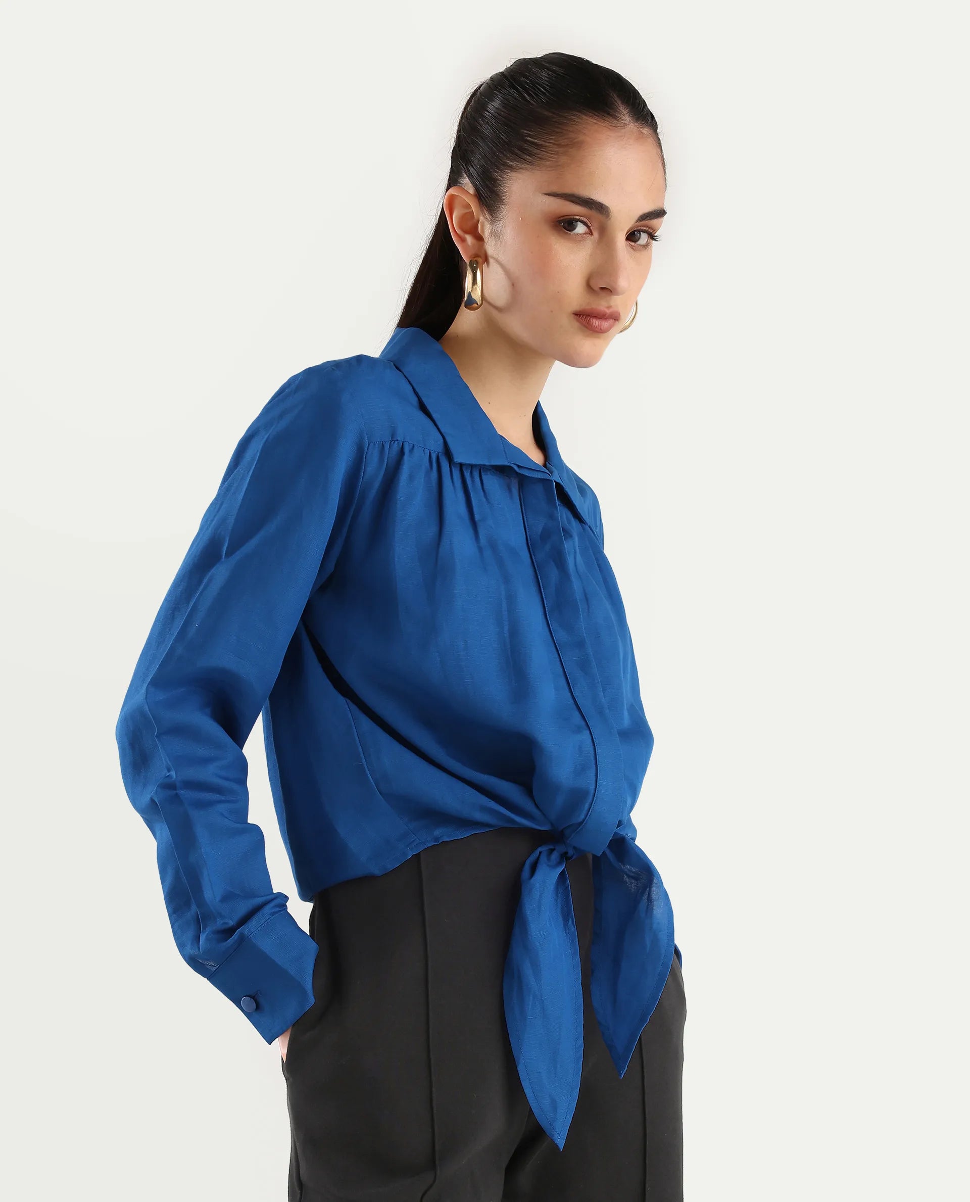 Rareism Women's Janima Blue Modal Blend Spread Collar Plain Cuffed Sleeve Crop Regular Fit Shirt
