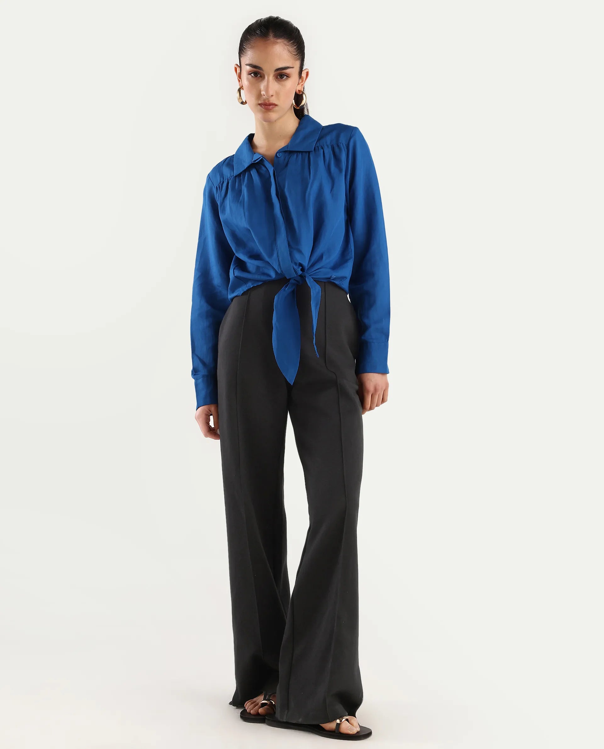 Rareism Women's Janima Blue Modal Blend Spread Collar Plain Cuffed Sleeve Crop Regular Fit Shirt