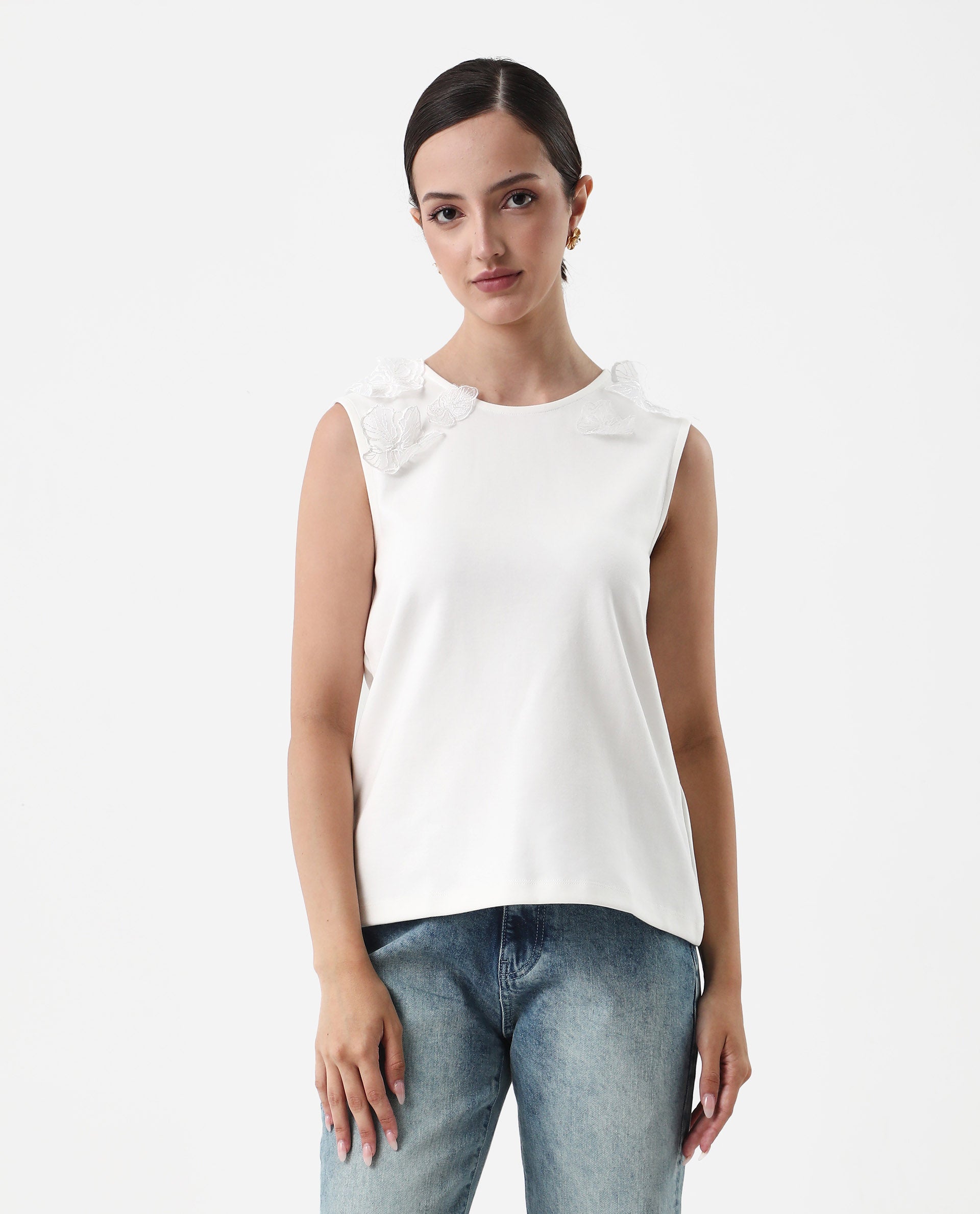 Rareism Women's Janbed Off White Cotton Blend Round Neck Plain Sleeveless Regular Fit T-Shirt