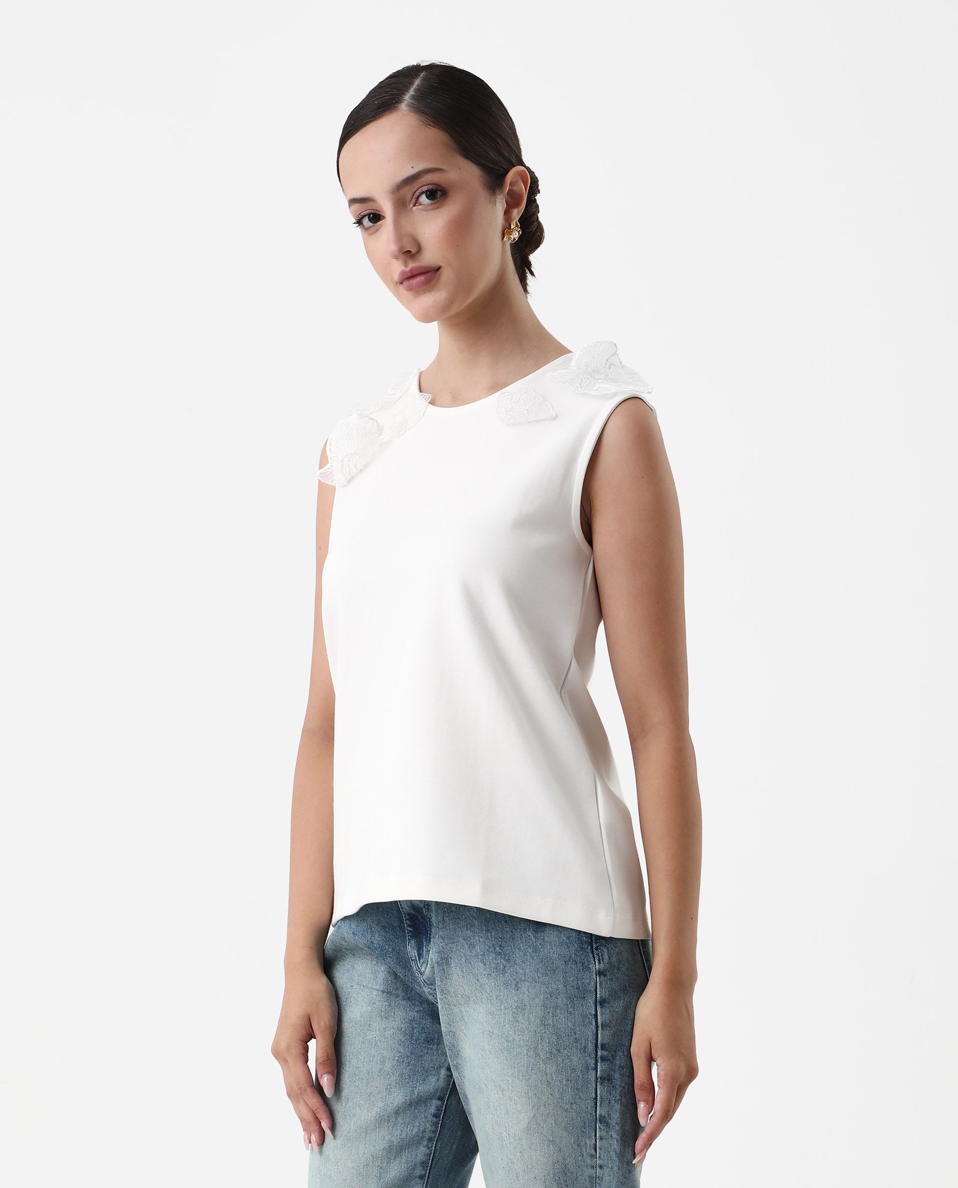 Rareism Women's Janbed Off White Cotton Blend Round Neck Plain Sleeveless Regular Fit T-Shirt