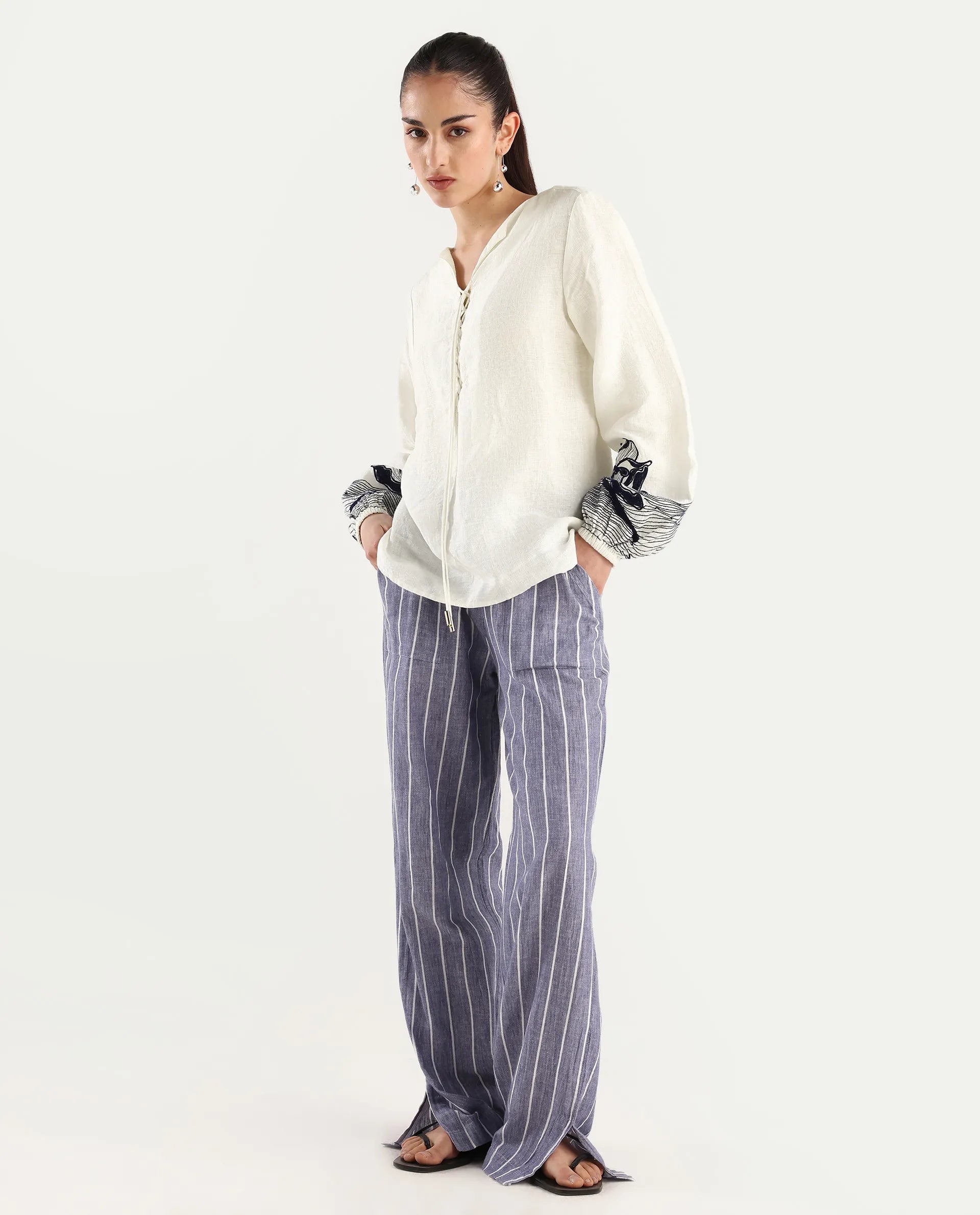 Rareism Women's Janbo White Linen Tie-Up Neck Embroidered Bishop Sleeve Regular Fit Top