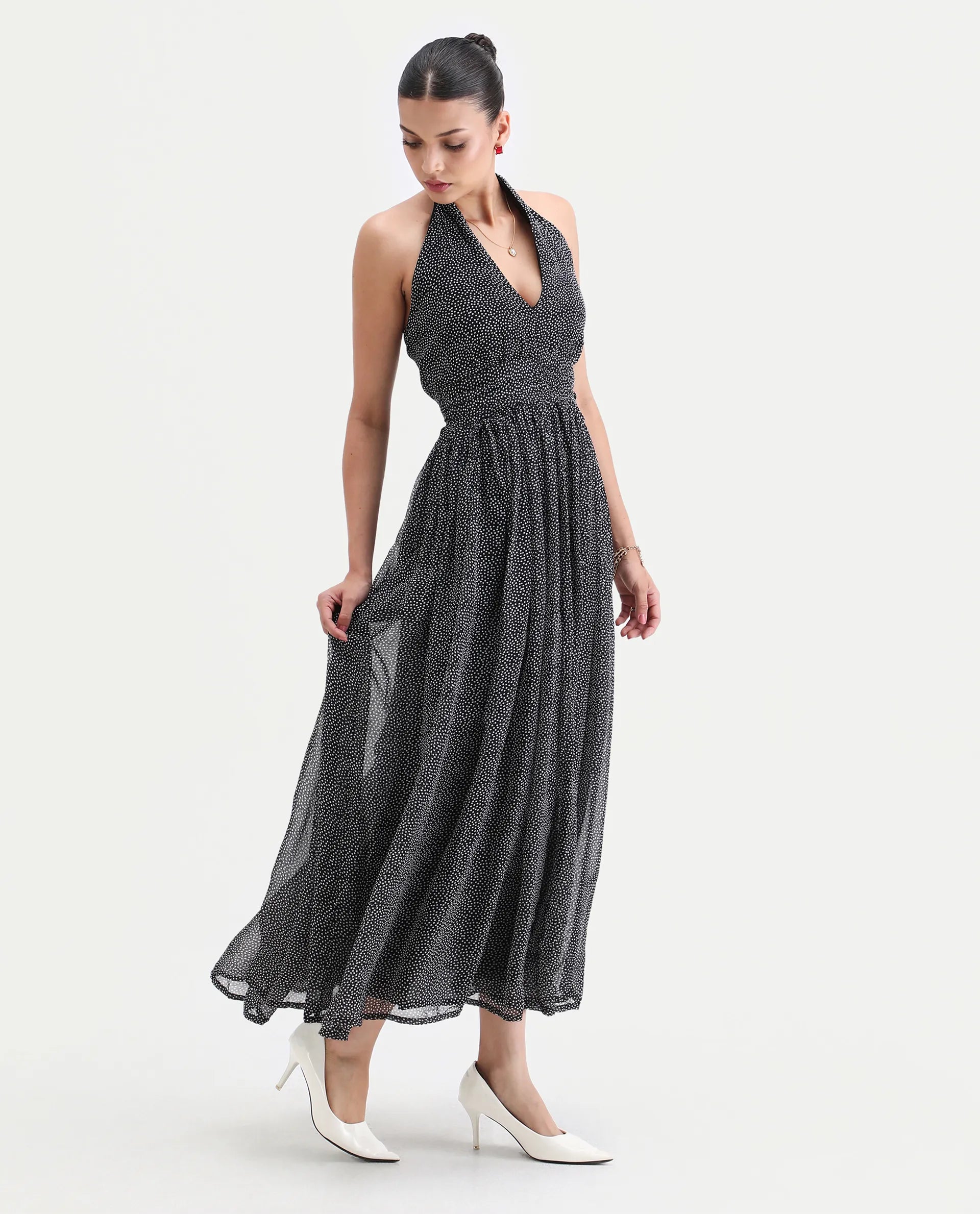 Rareism Women's Janert Black Viscose Halter Neck Polka Print Sleeveless Maxi Fit And Flare Dress