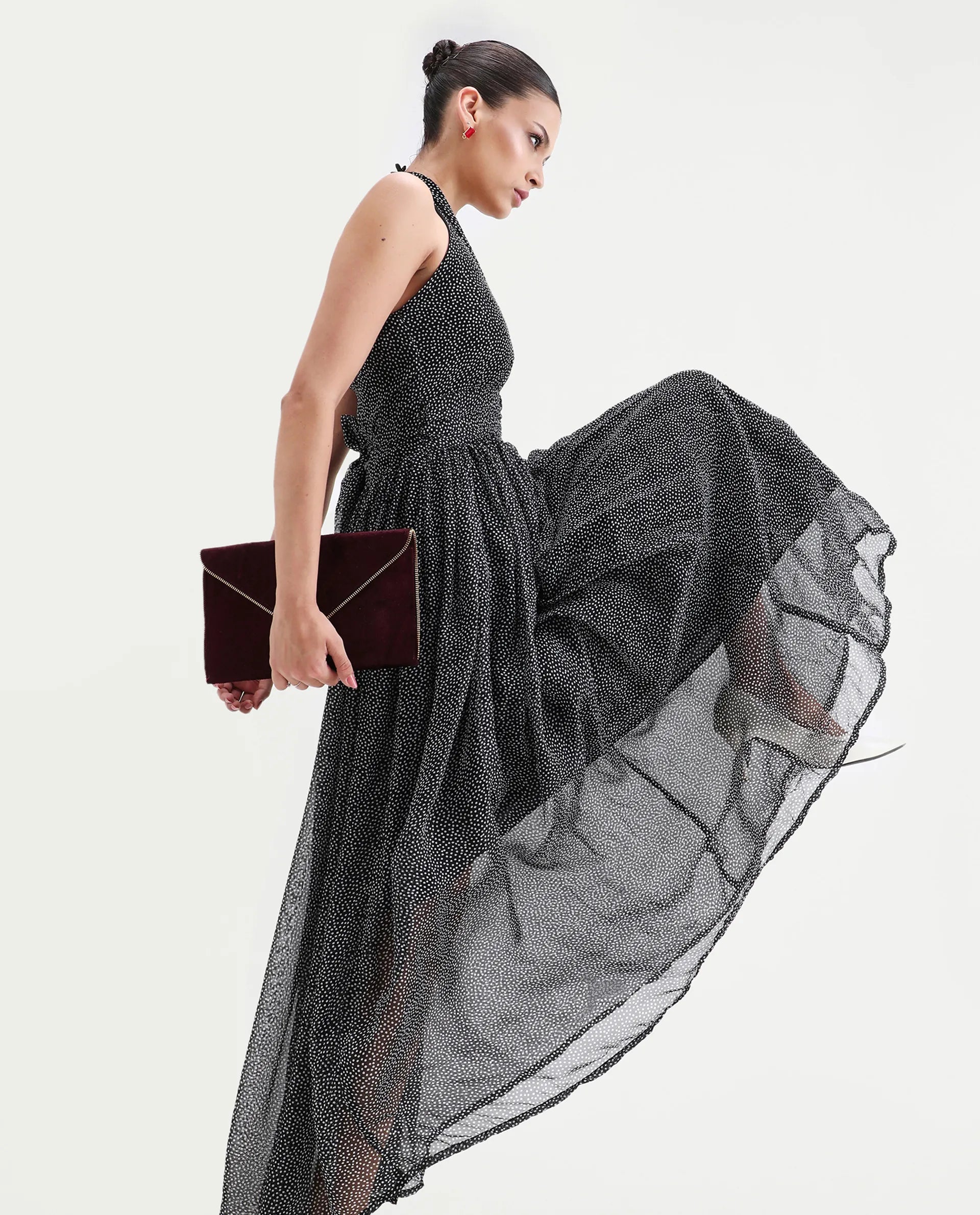 Rareism Women's Janert Black Viscose Halter Neck Polka Print Sleeveless Maxi Fit And Flare Dress