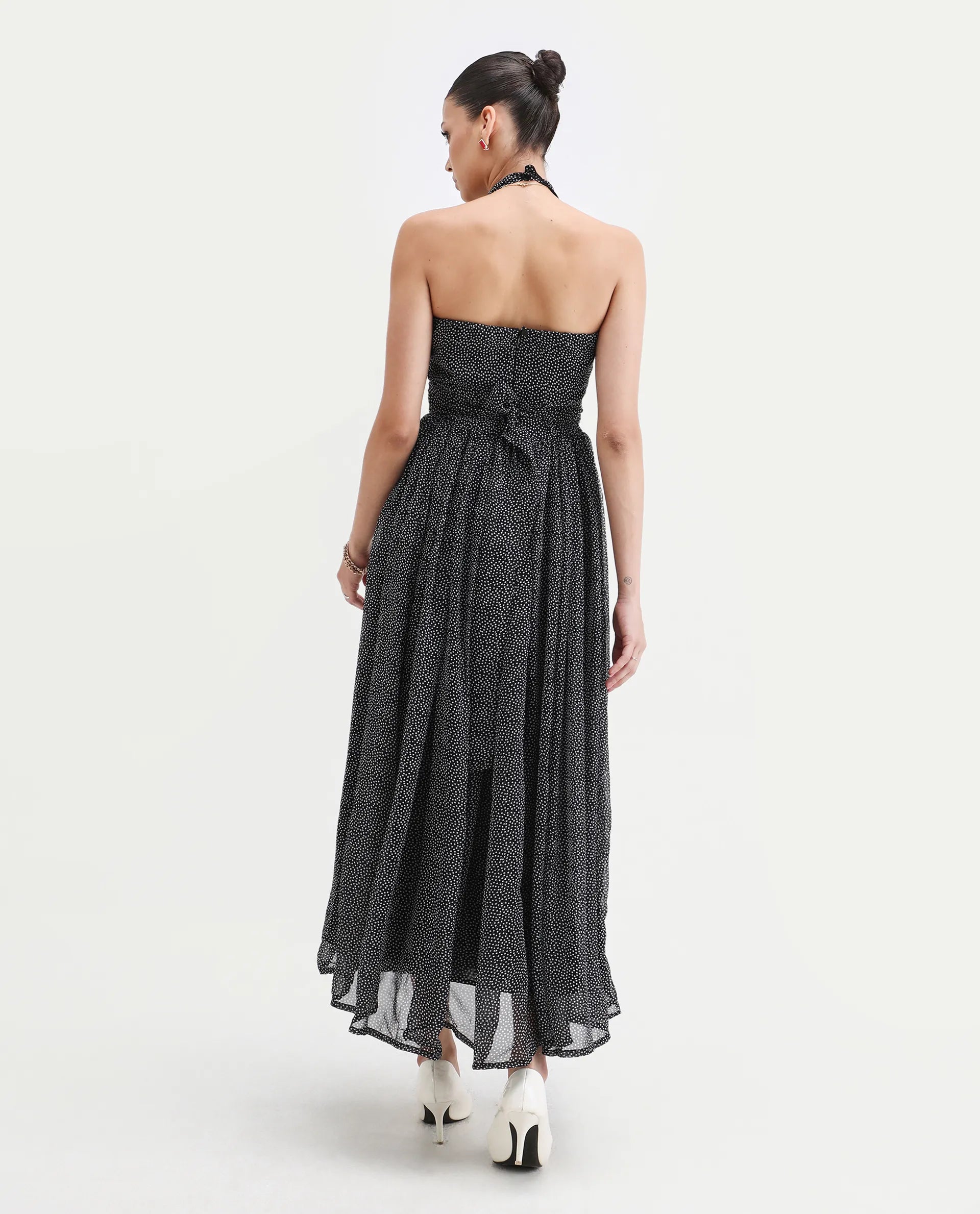 Rareism Women's Janert Black Viscose Halter Neck Polka Print Sleeveless Maxi Fit And Flare Dress