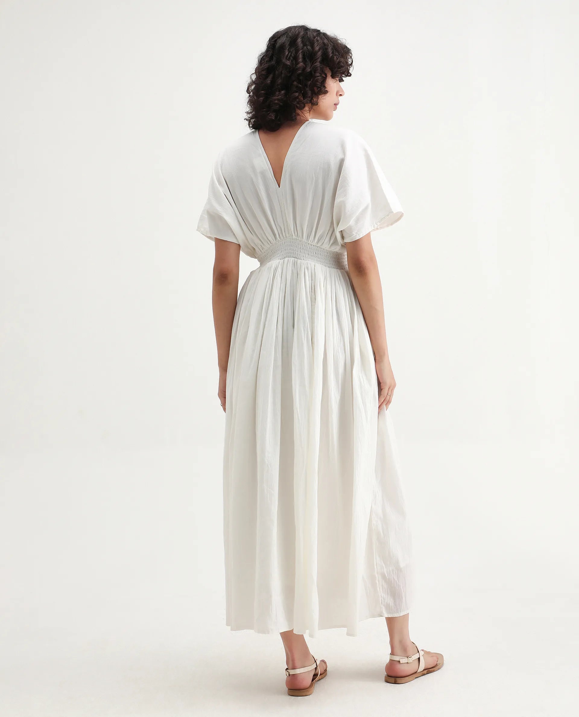 Rareism Women's Janmay Beige Cotton V-Neck Plain Kimono Sleeve Maxi Flared Dress