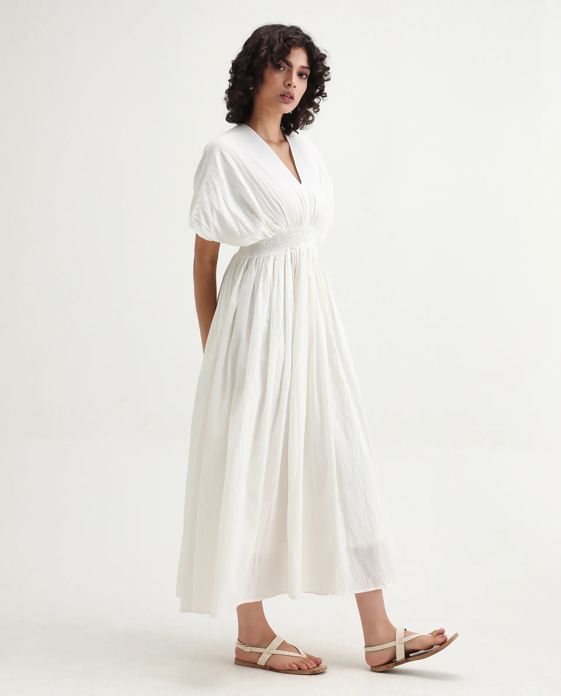 Rareism Women's Janmay Beige Cotton V-Neck Plain Kimono Sleeve Maxi Flared Dress