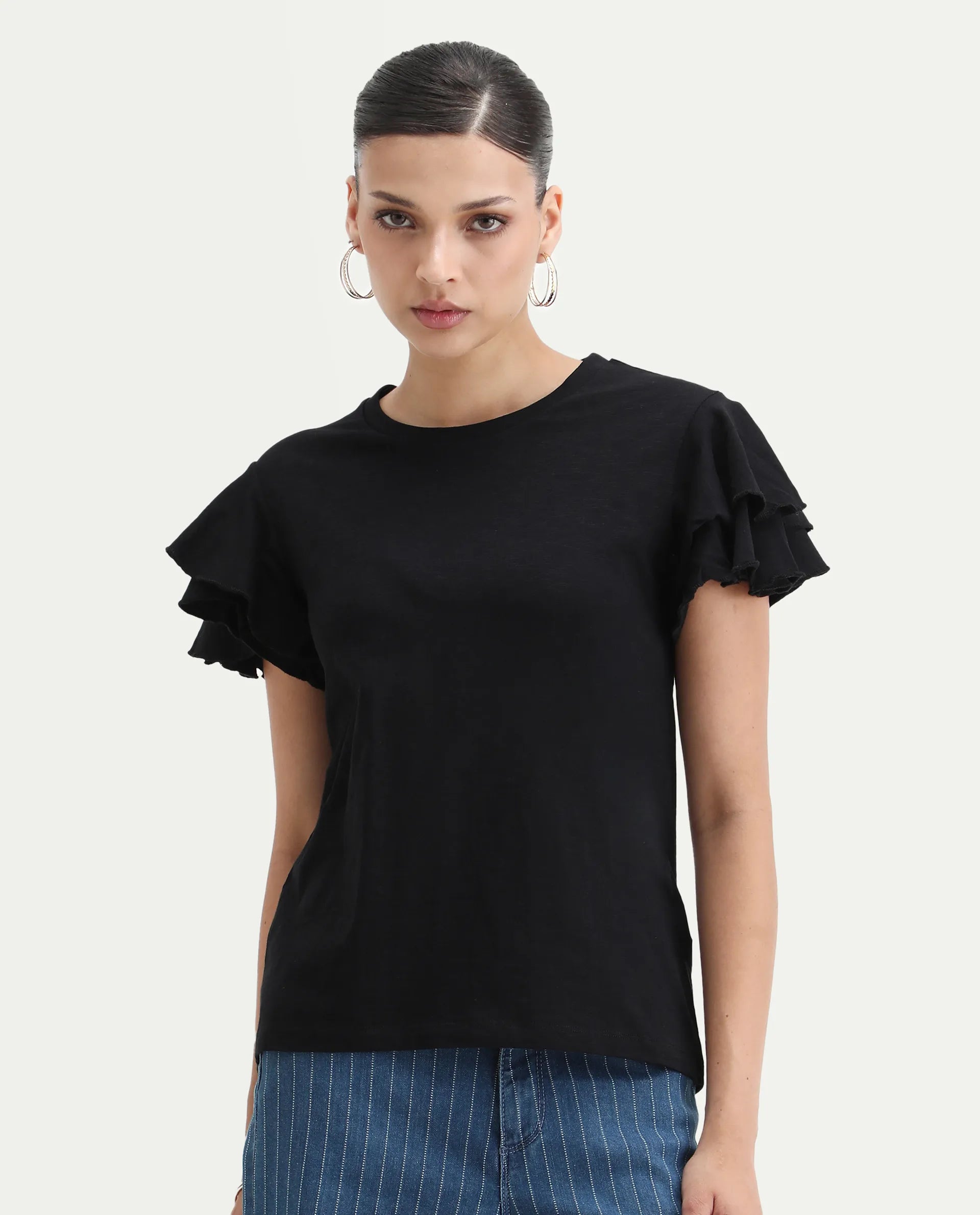 Rareism Women's Janruf Black Cotton Round Neck Plain Ruffled Sleeve Regular Fit T-Shirt