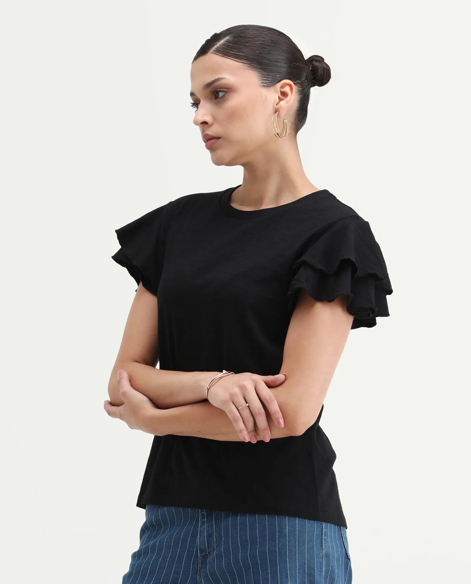 Rareism Women's Janruf Black Cotton Round Neck Plain Ruffled Sleeve Regular Fit T-Shirt