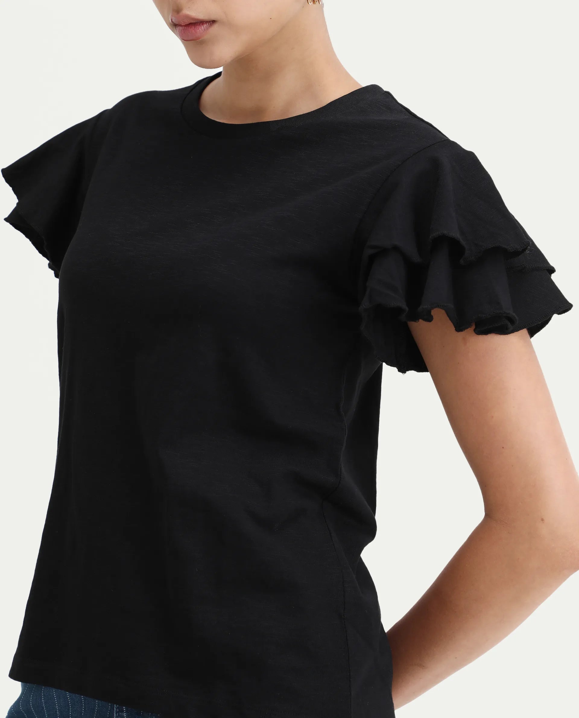 Rareism Women's Janruf Black Cotton Round Neck Plain Ruffled Sleeve Regular Fit T-Shirt