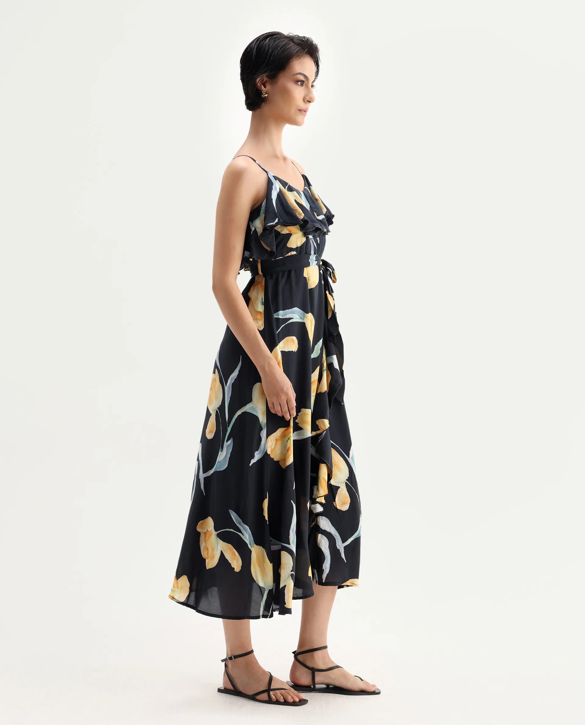 Rareism Women's Jantoto Black Viscose Shoulder Strap Floral Print Sleeveless Midi Fit And Flare Dress