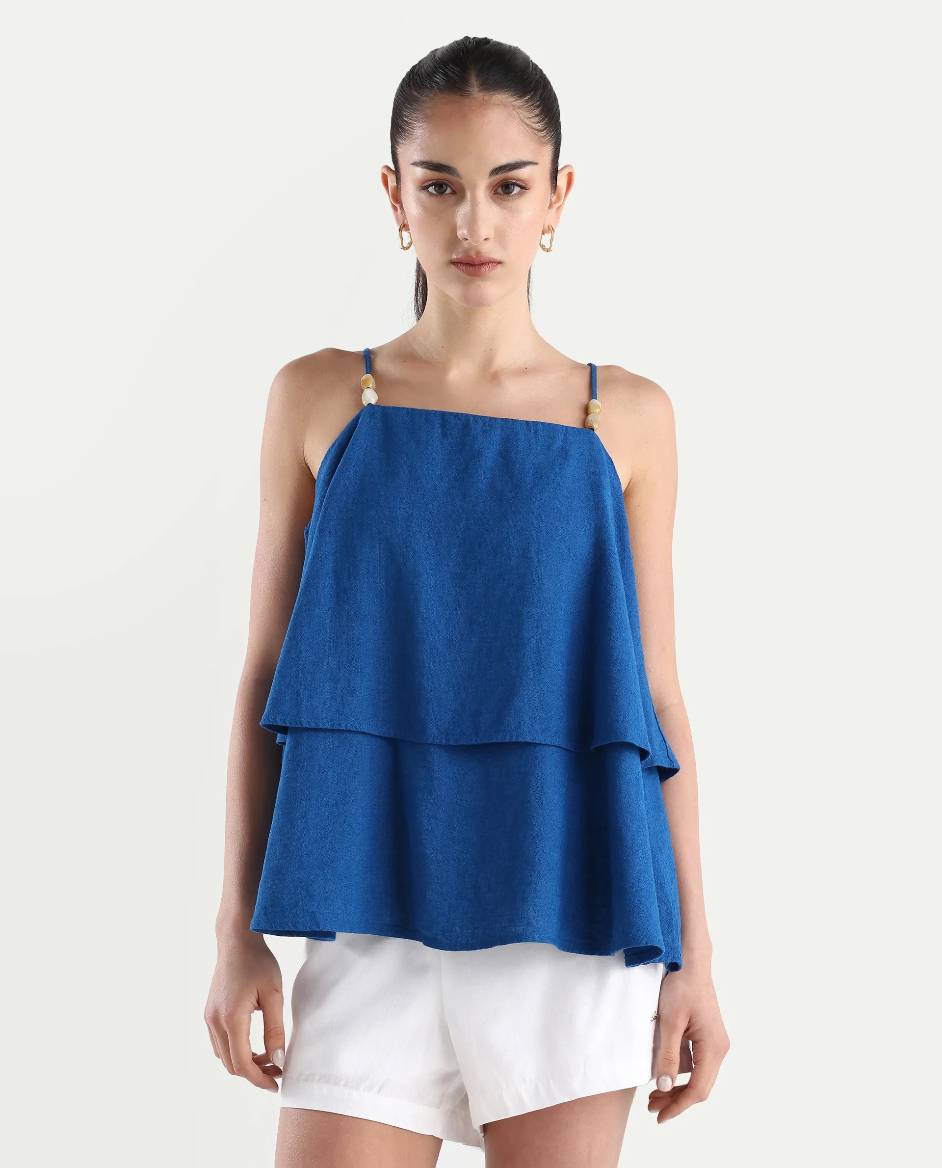 Rareism Women's Januana Blue Linen Shoulder Strap Plain Sleeveless Flared Top