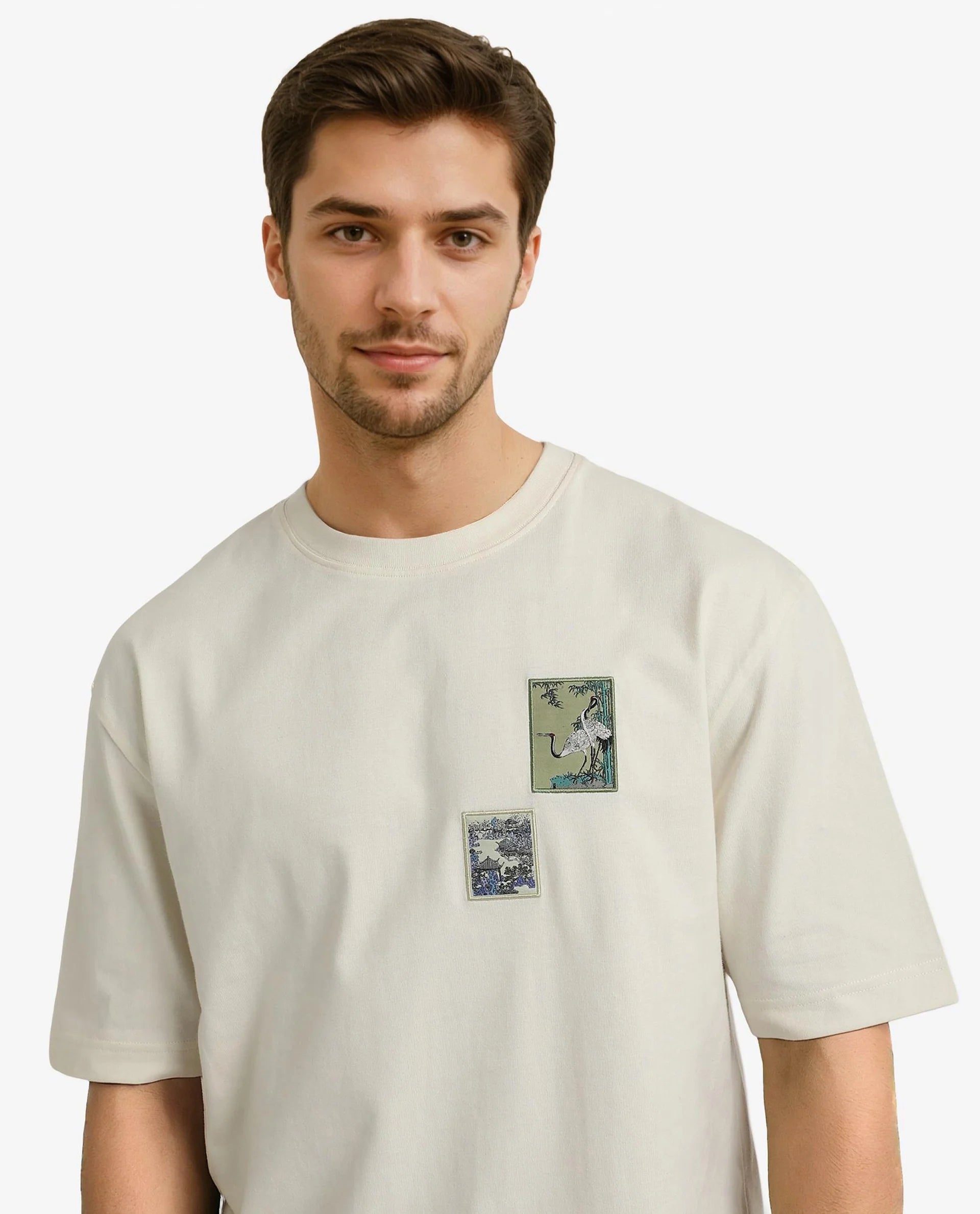 Rare Rabbit Men Jap Off White Short Sleeve Crew Neck Boxy Fit Graphic Printed T-Shirt