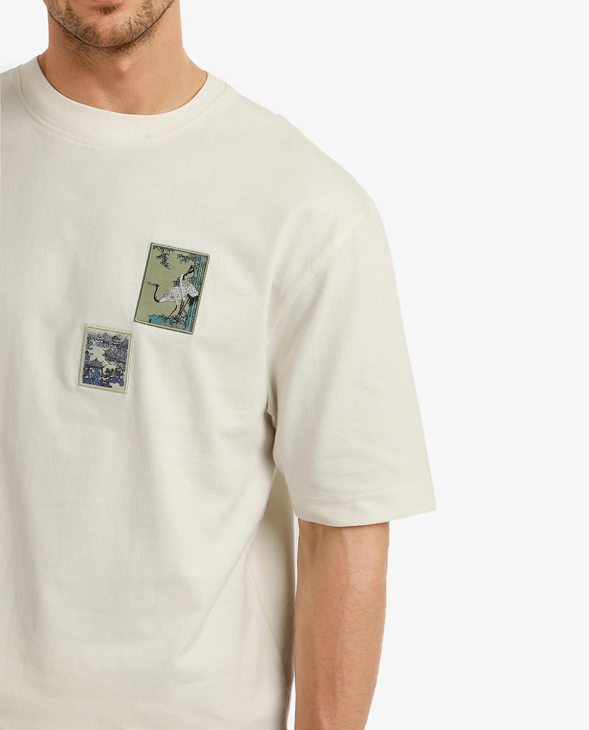 Rare Rabbit Men Jap Off White Short Sleeve Crew Neck Boxy Fit Graphic Printed T-Shirt