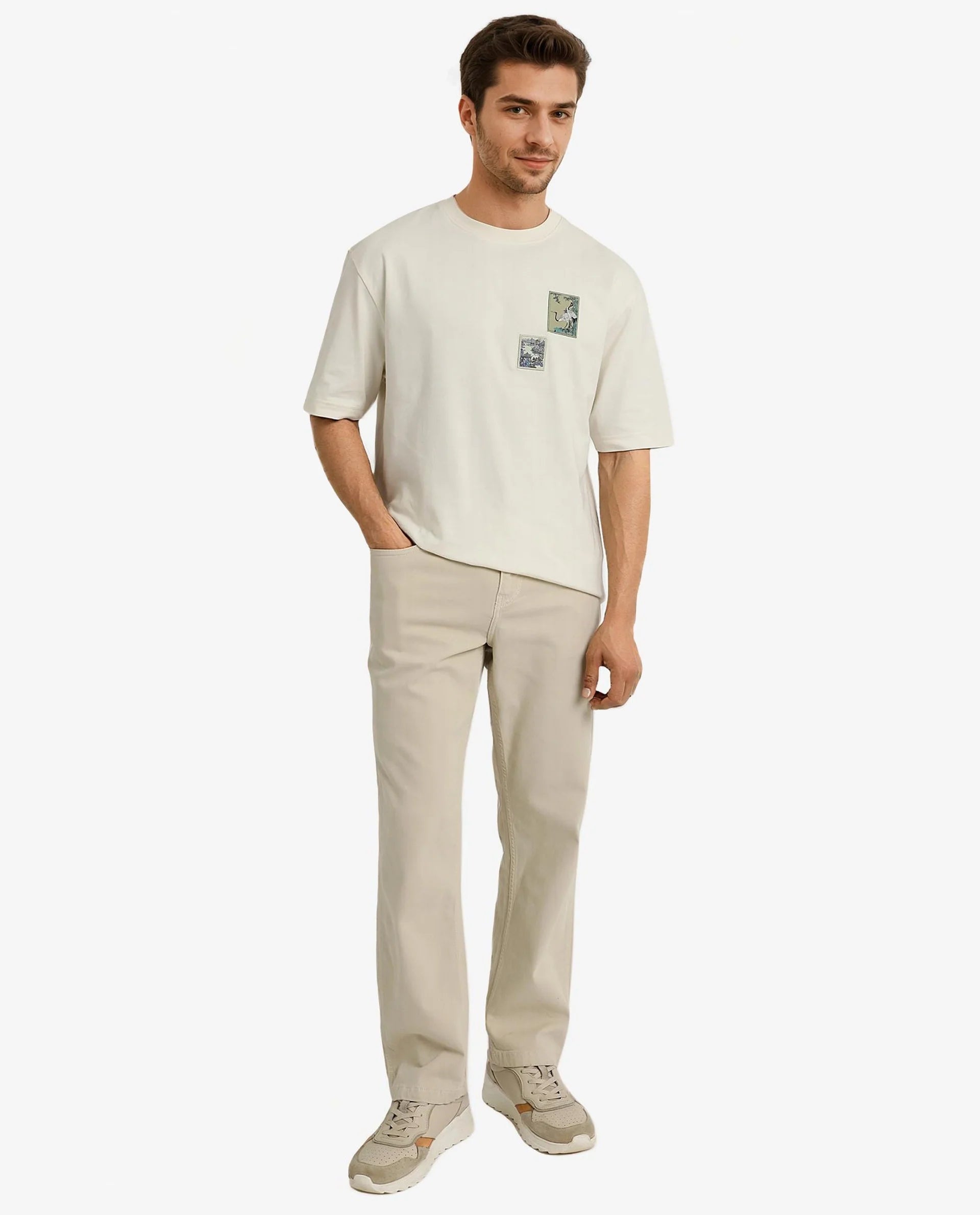 Rare Rabbit Men Jap Off White Short Sleeve Crew Neck Boxy Fit Graphic Printed T-Shirt